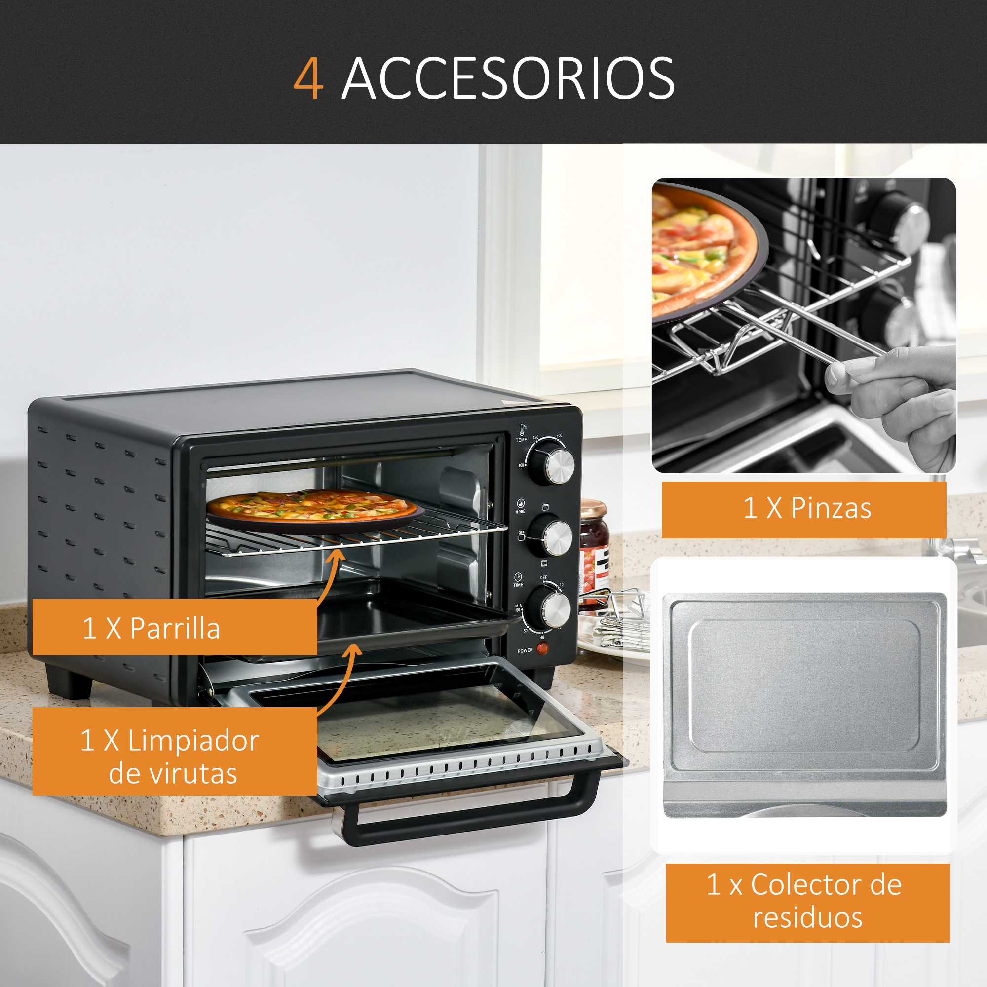Horno negro con pizza dentro. Accesorios: rejilla, bandeja, pinzas y colector de residuos.