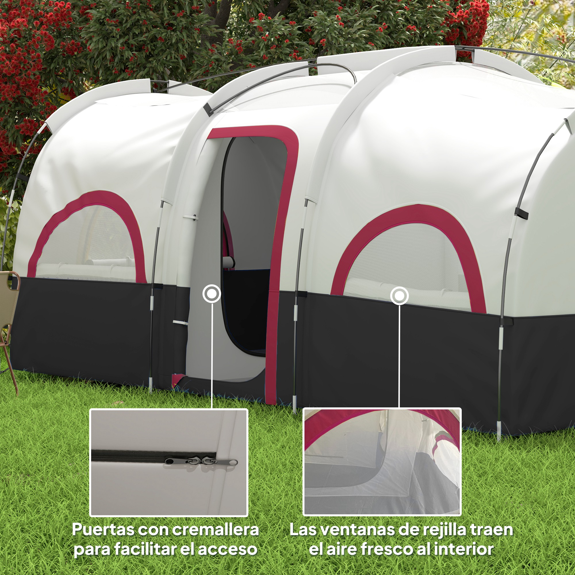 Una tienda blanca con detalles en rojo está montada sobre hierba. Se ven detalles de cremalleras y ventanas.