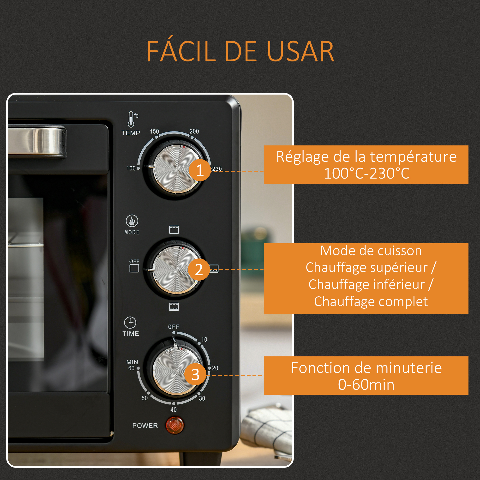 Horno negro con controles de temperatura, modo y temporizador. Texto: fácil de usar.
