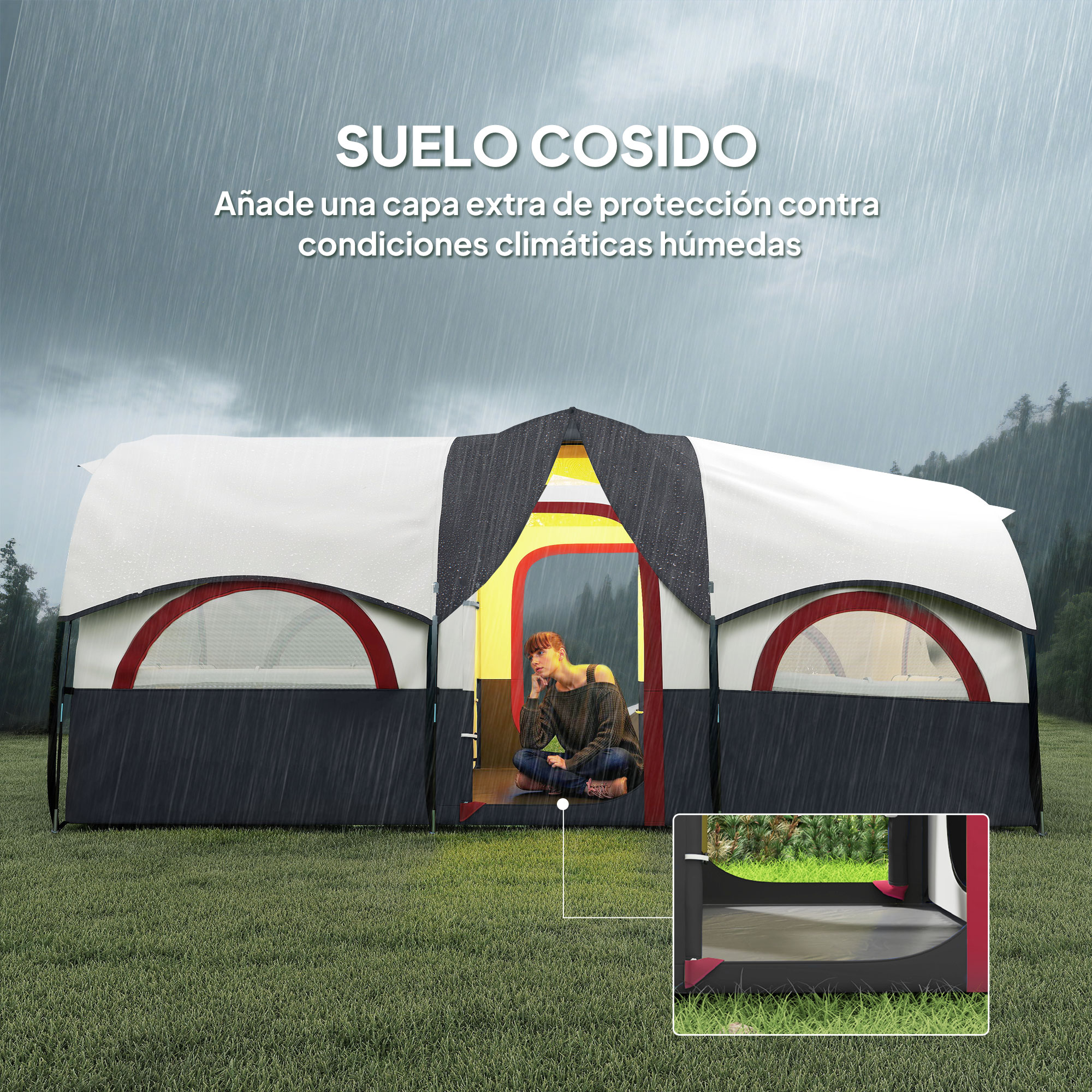 Una persona dentro de una tienda de campaña con lluvia afuera.