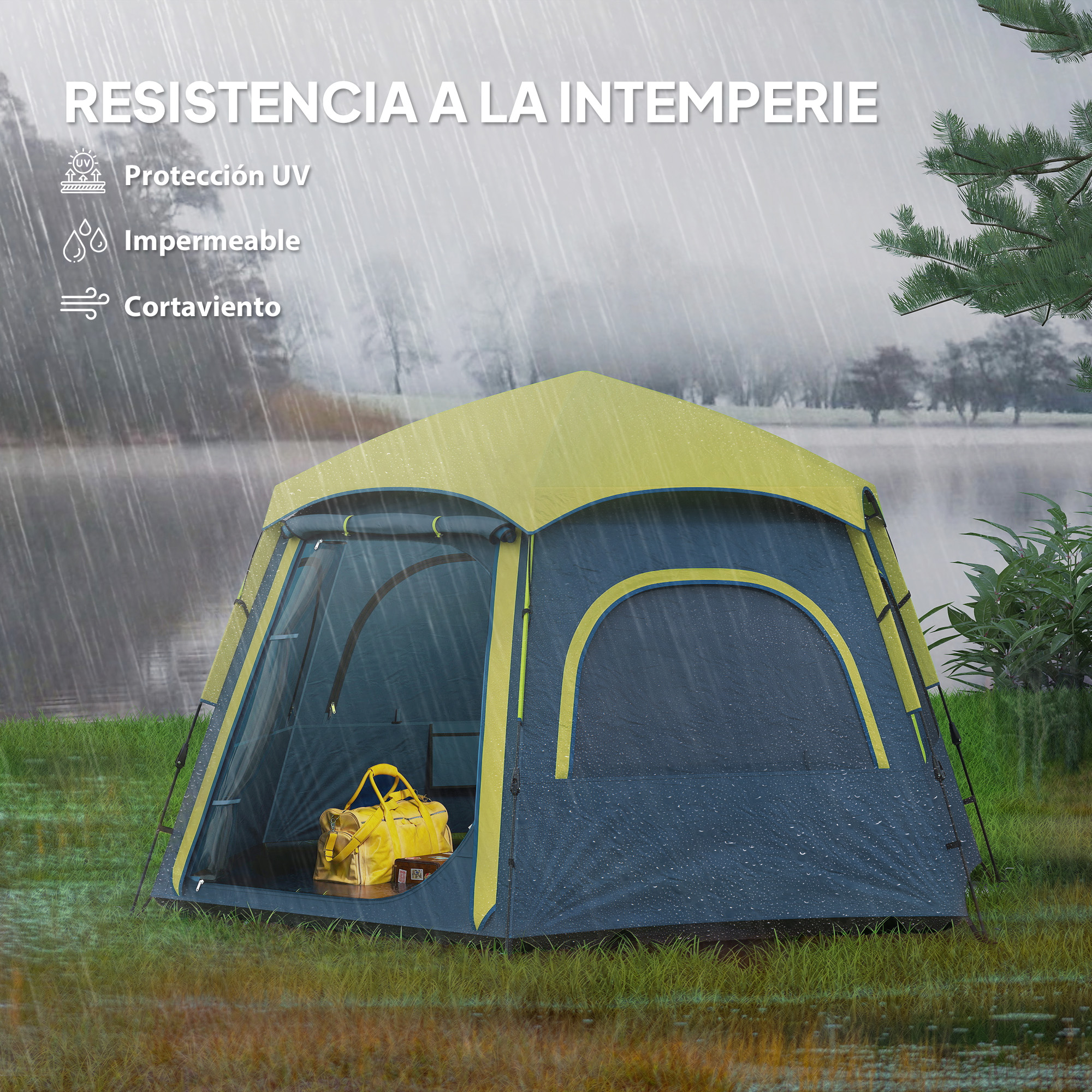 Tienda hexagonal con parte superior amarilla y cuerpo azul bajo la lluvia, cerca del lago. Bolsa amarilla visible en el interior.