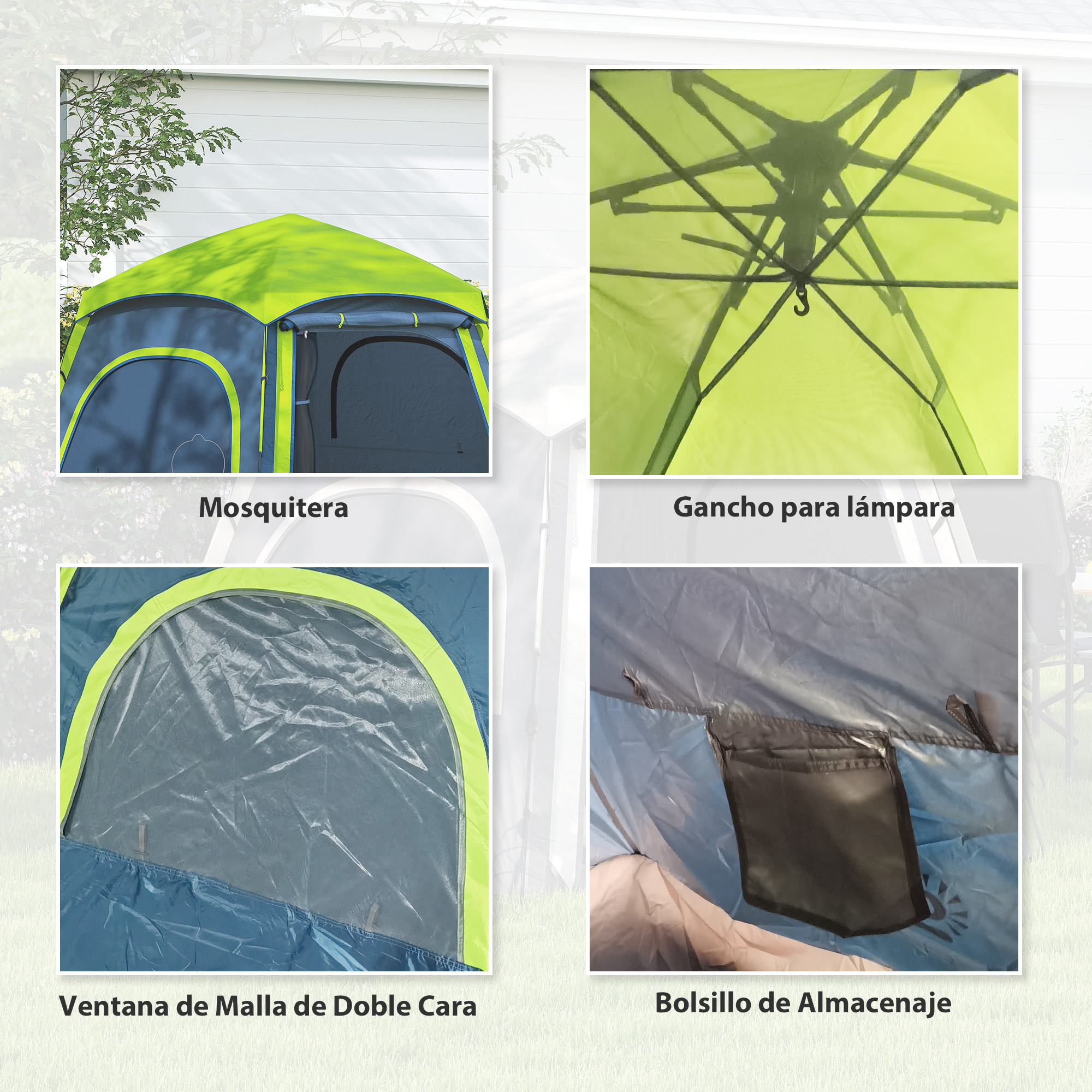 Vistas de cerca de detalles de la tienda. Incluye mosquitera, gancho para lámpara, ventana de malla y bolsillo.