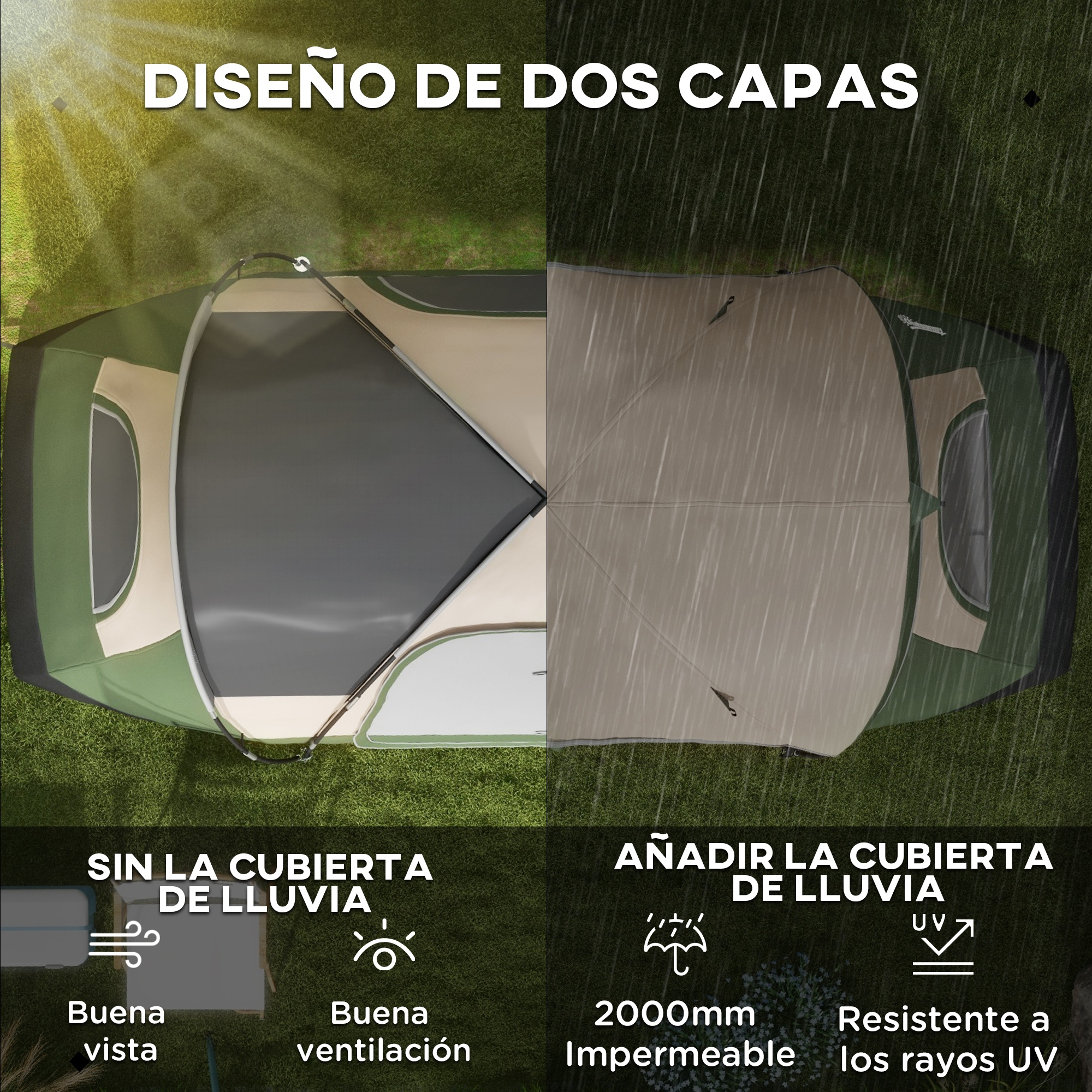 Vista superior de una tienda de dos capas. Un lado está abierto, el otro tiene cubierta para lluvia.