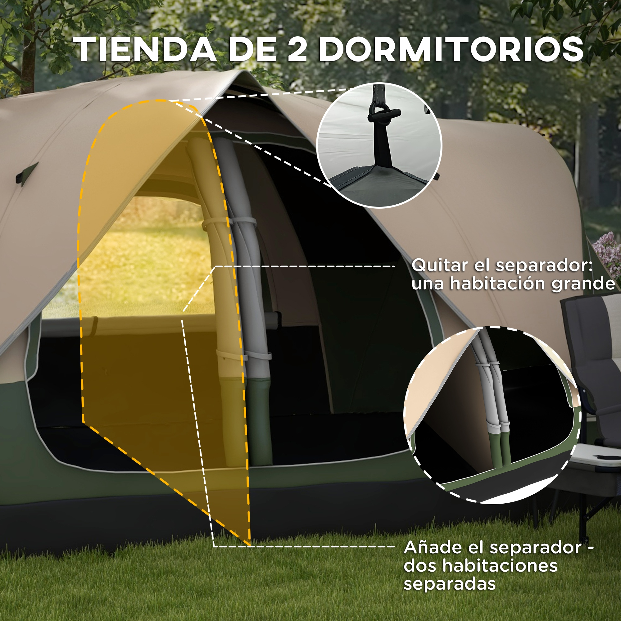 Diagrama de una tienda con texto que explica cómo usar un divisor para dos habitaciones o una habitación grande.