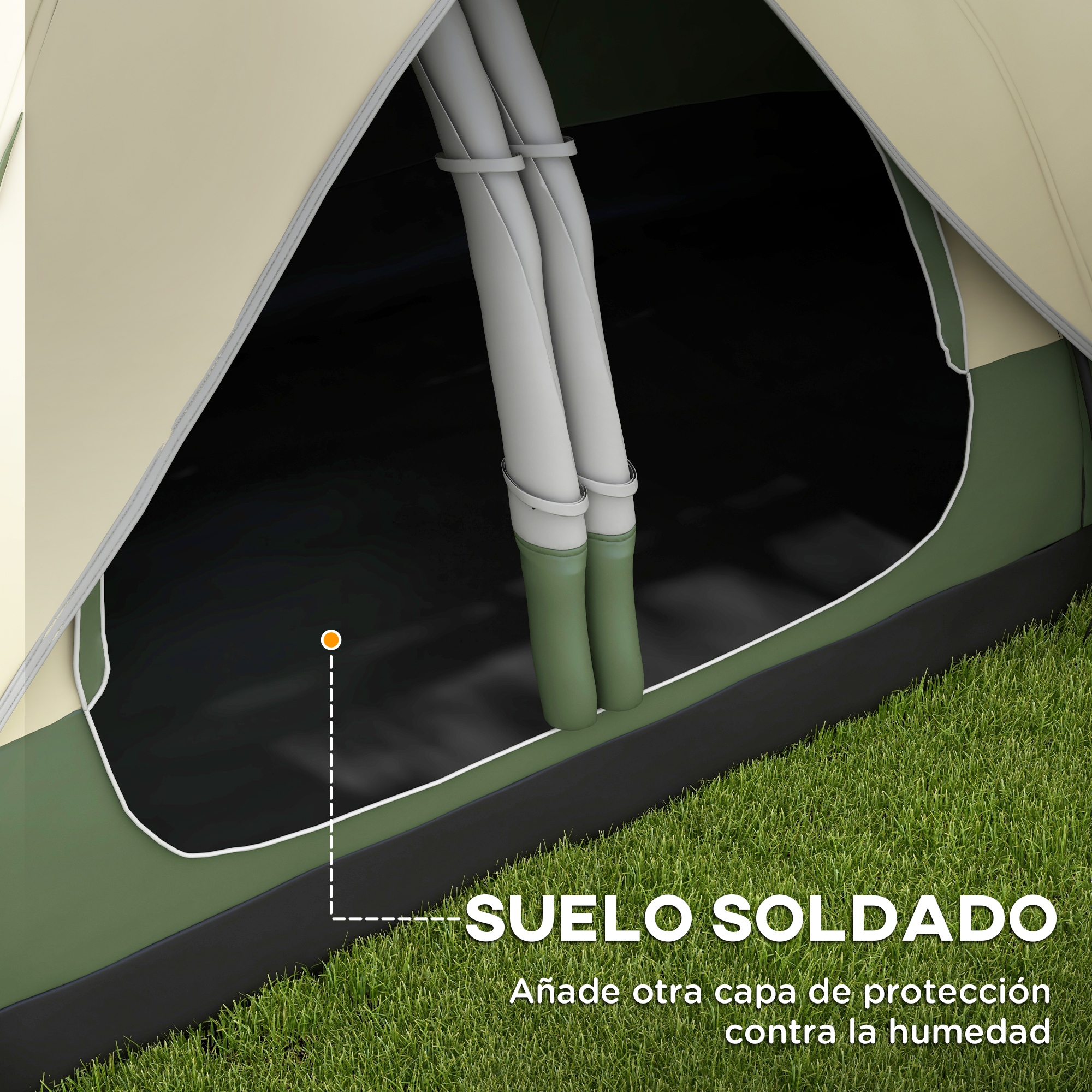 Primer plano del interior de una tienda, con varillas y un suelo negro.