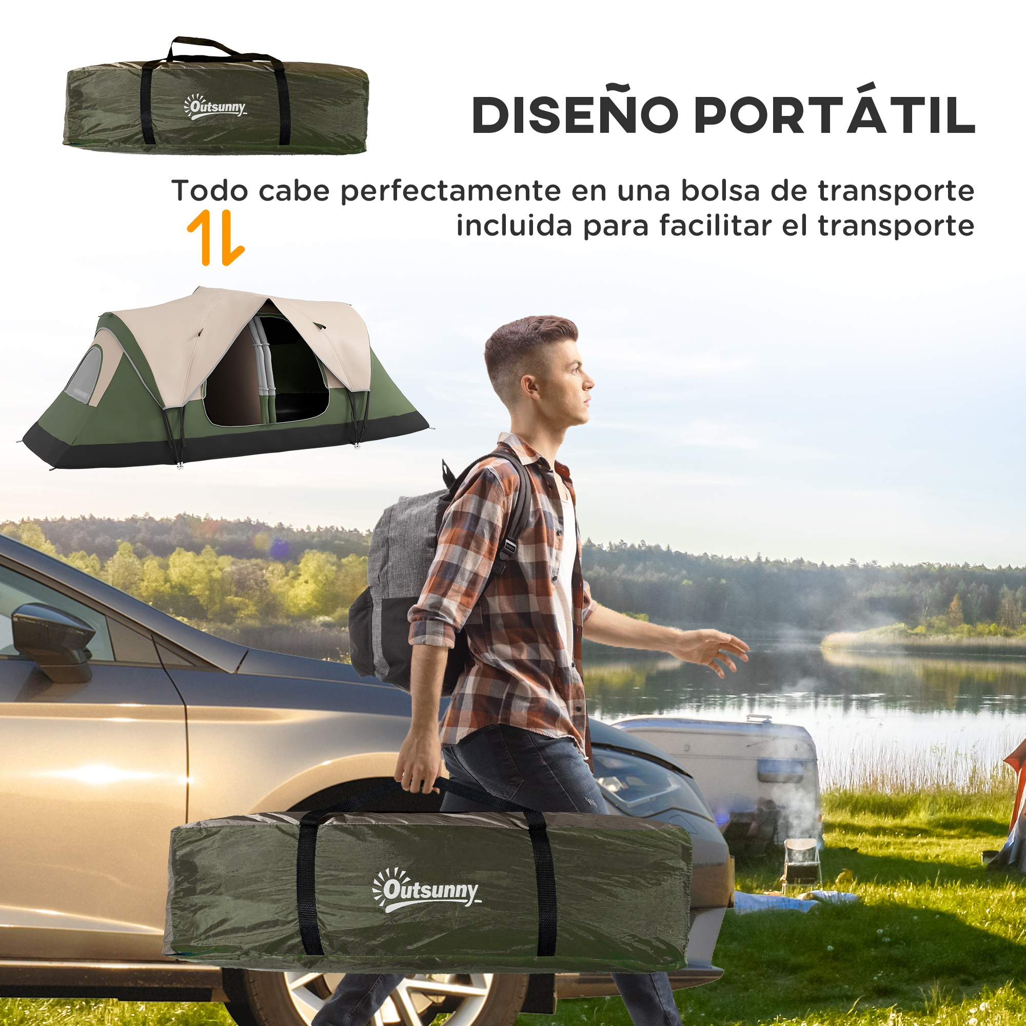 Hombre con mochila camina hacia coche y tienda. Tienda de campaña en exhibición. La tienda está en bolsa de transporte.