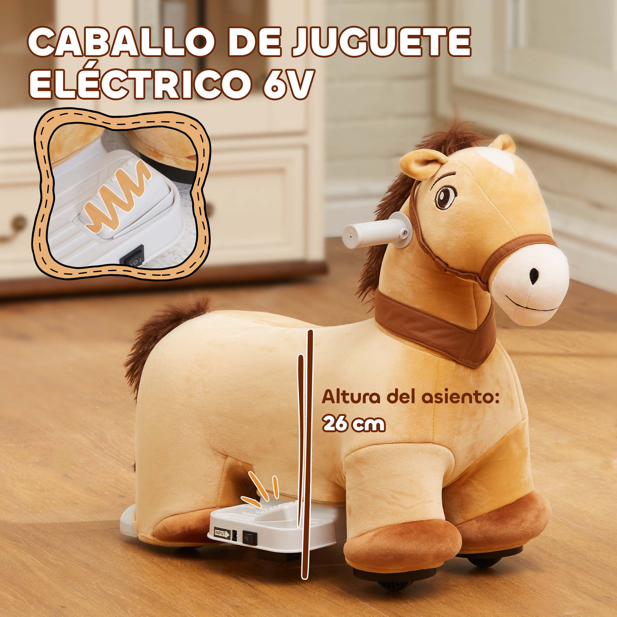 Un caballo de juguete color beige con crin y cola marrones, base blanca y una pequeña incrustación.