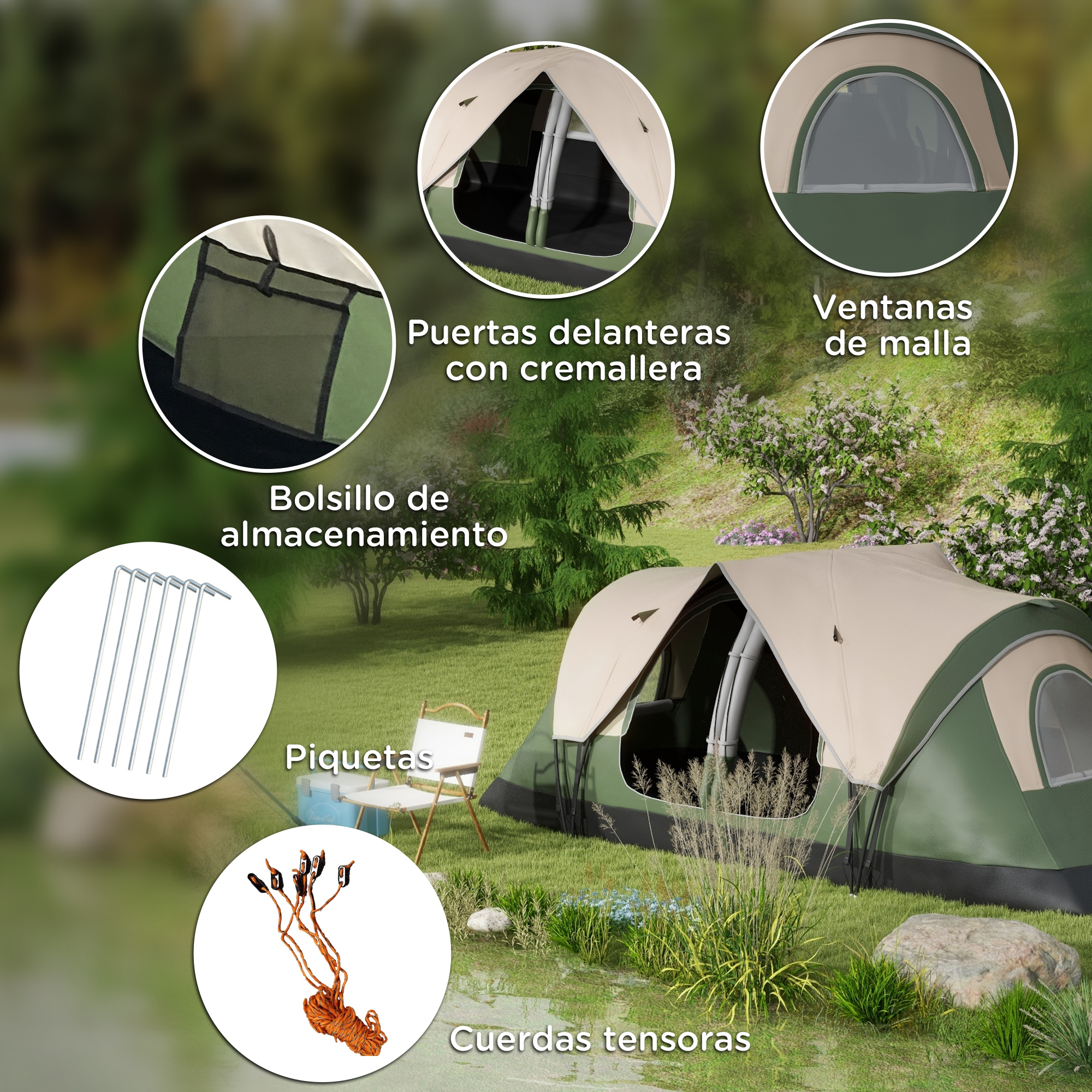 Detalles de una tienda de campaña: puertas delanteras, ventanas de malla, bolsillo de almacenamiento, estacas y cuerdas tensoras.