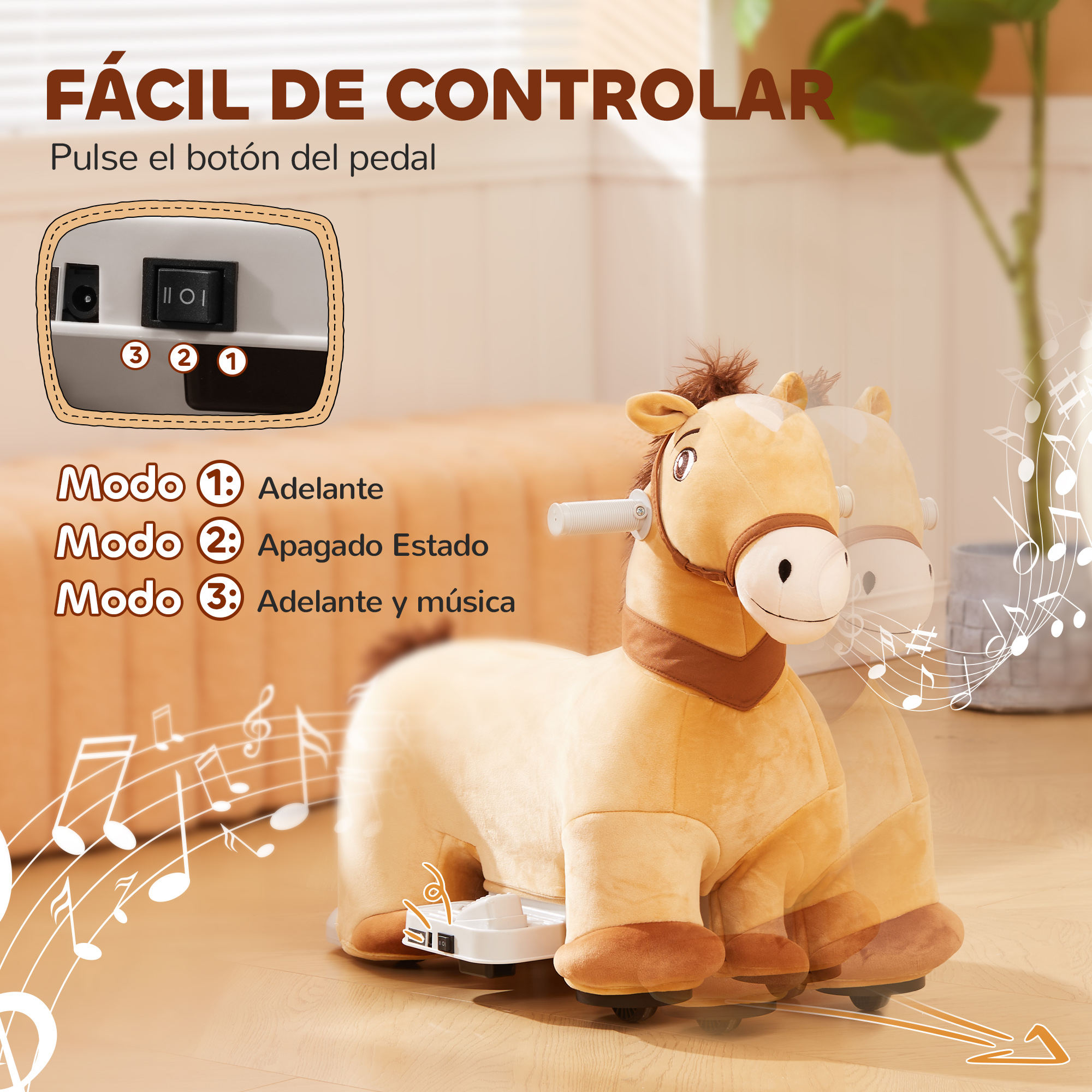 Un caballo de juguete color beige con un panel de control que muestra tres modos: adelante, apagado y adelante con música.