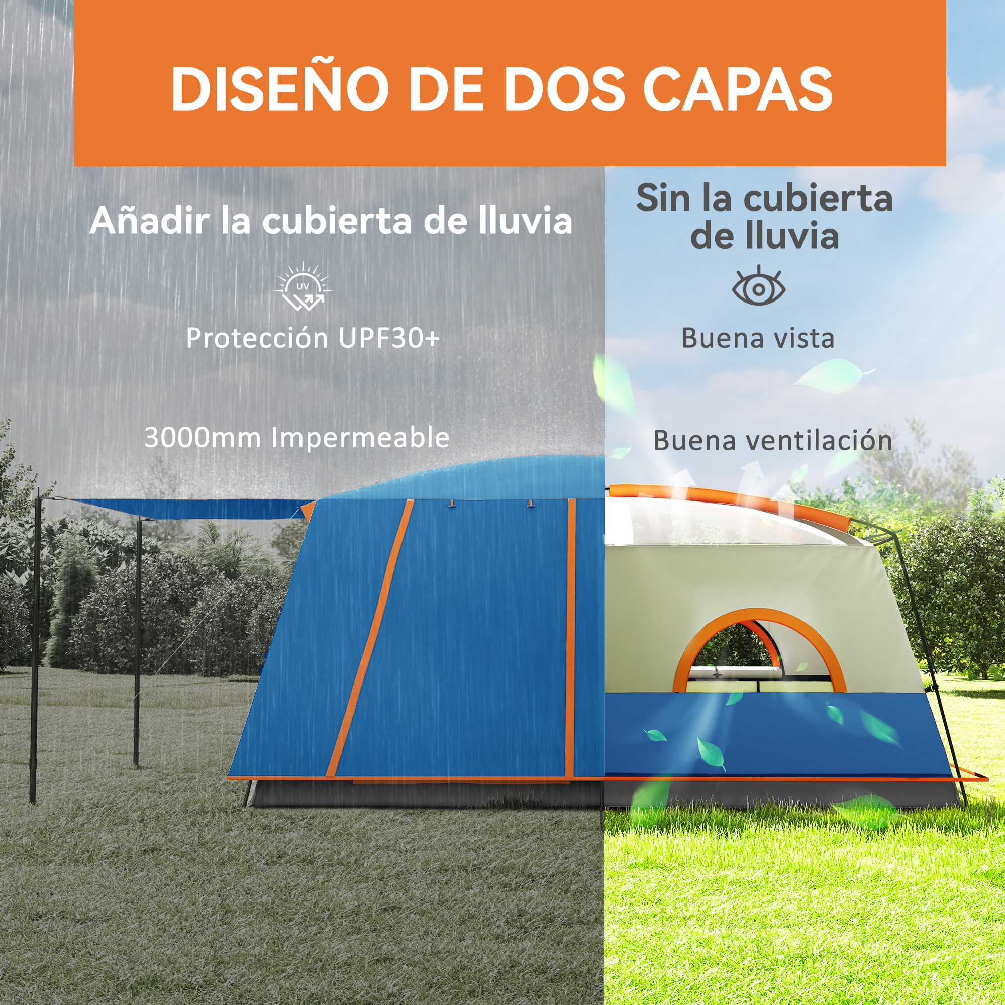 Una tienda que muestra dos capas, una con lluvia y otra con buena ventilación.