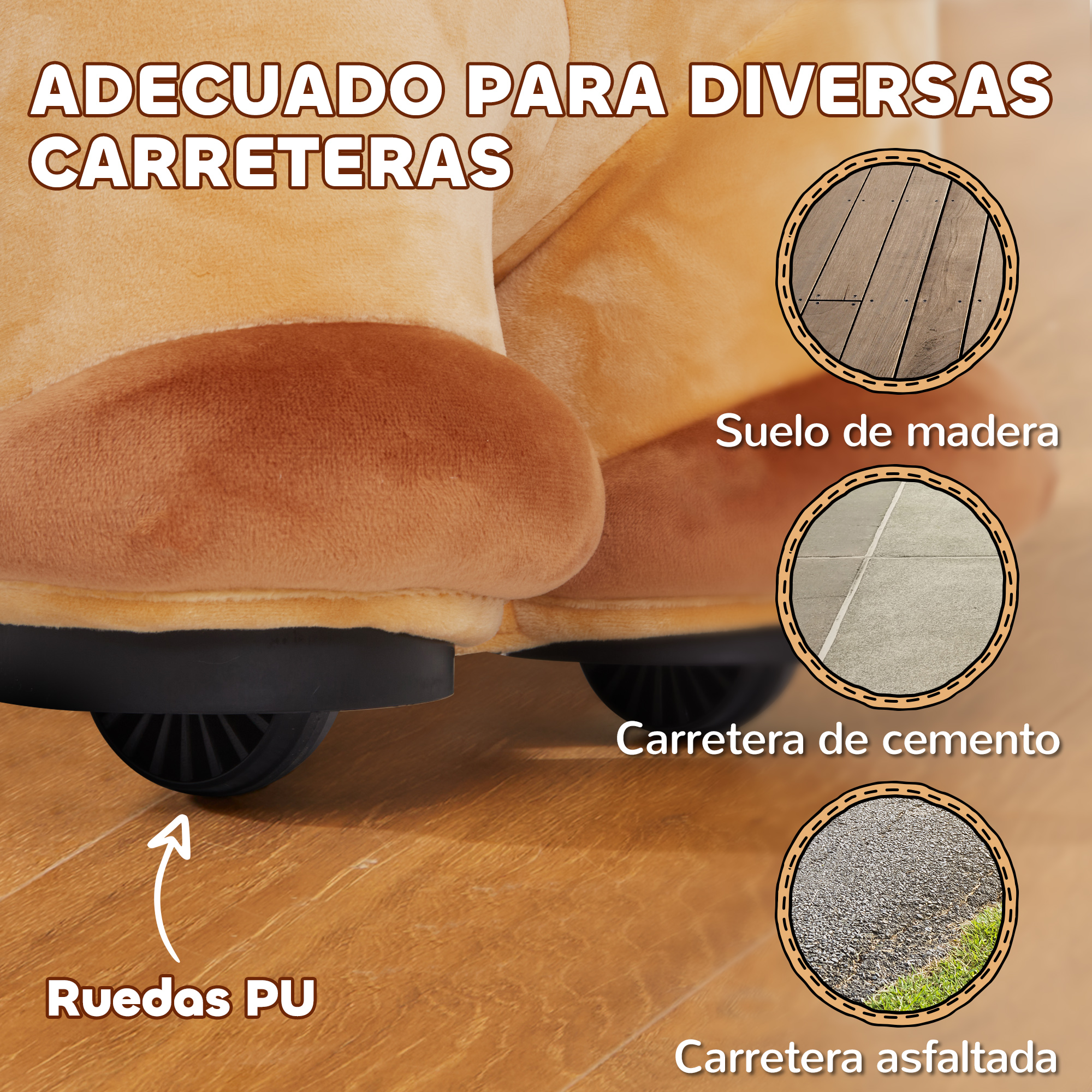 Un caballo de juguete color beige con ruedas de PU, que muestra diferentes tipos de carreteras para su uso.