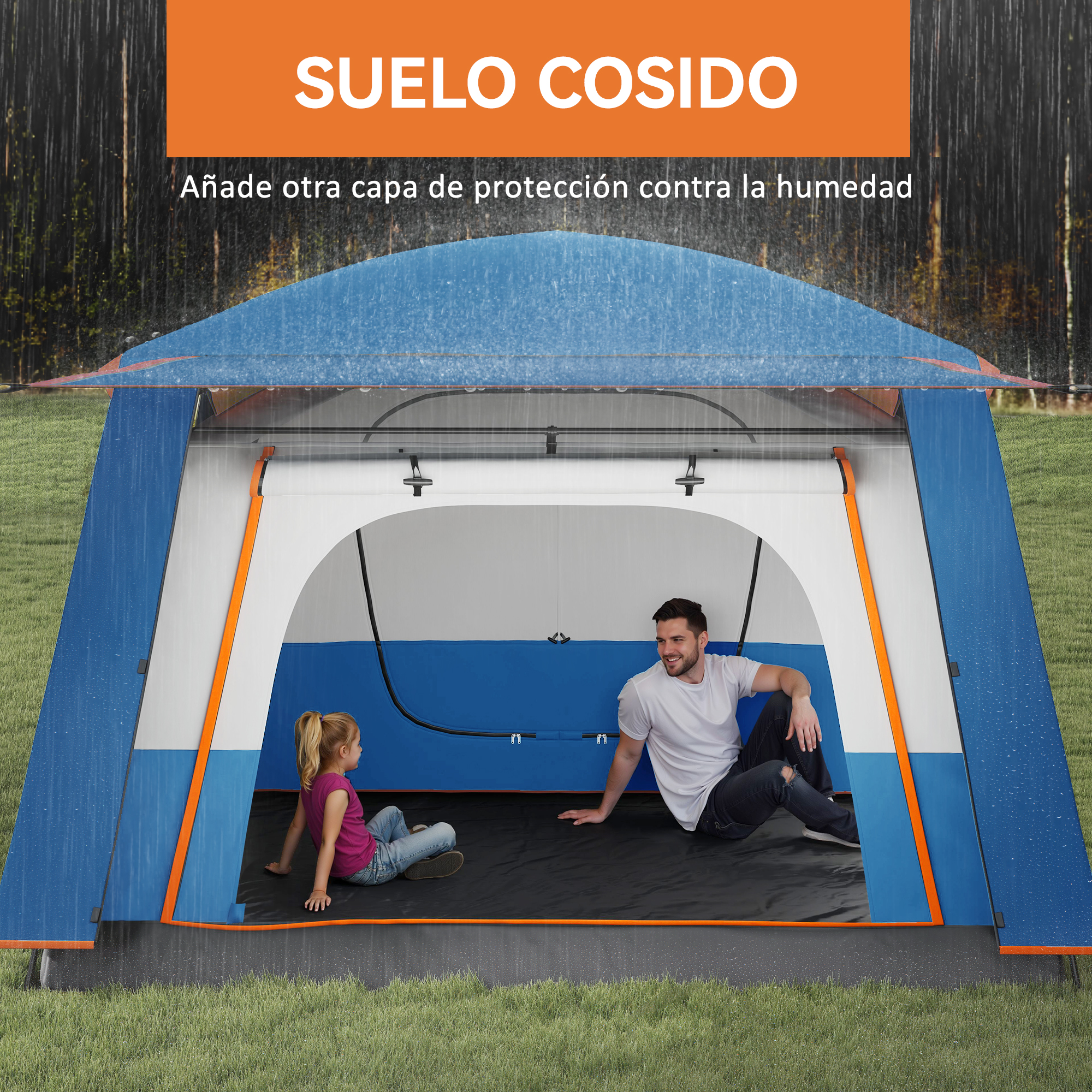 Una tienda azul y blanca con un hombre y una niña dentro, en la lluvia, y fondo de hierba verde.