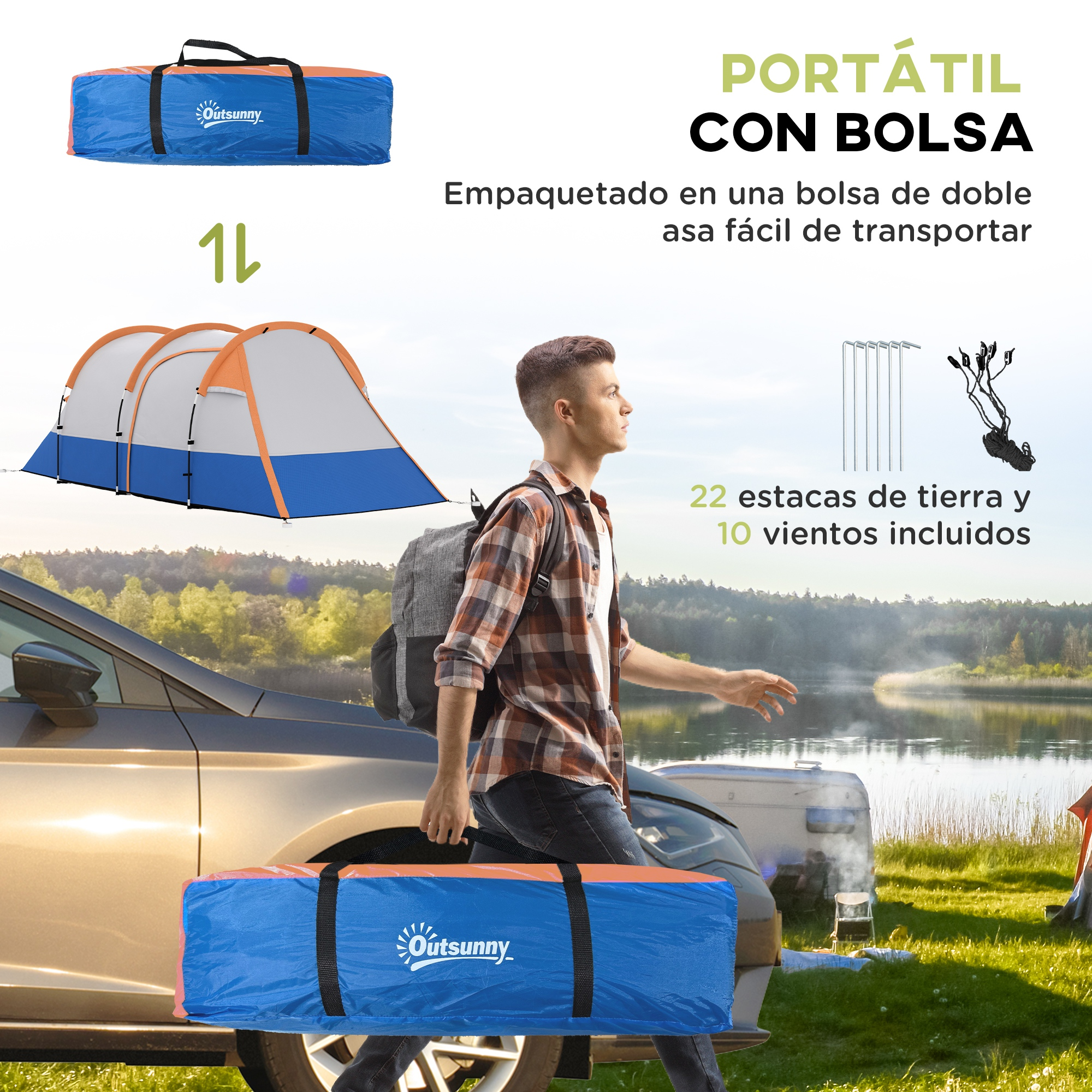 Hombre llevando una bolsa de tienda azul. En el fondo, la tienda montada. Texto: Portátil con bolsa.