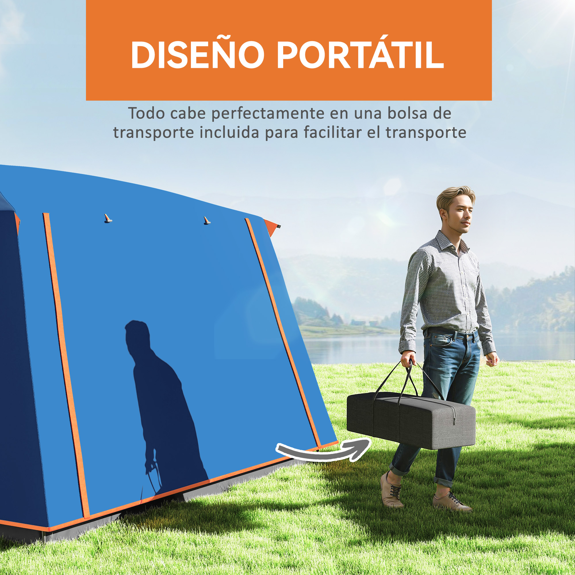 Hombre con bolsa frente a tienda azul y naranja. Campo de hierba.