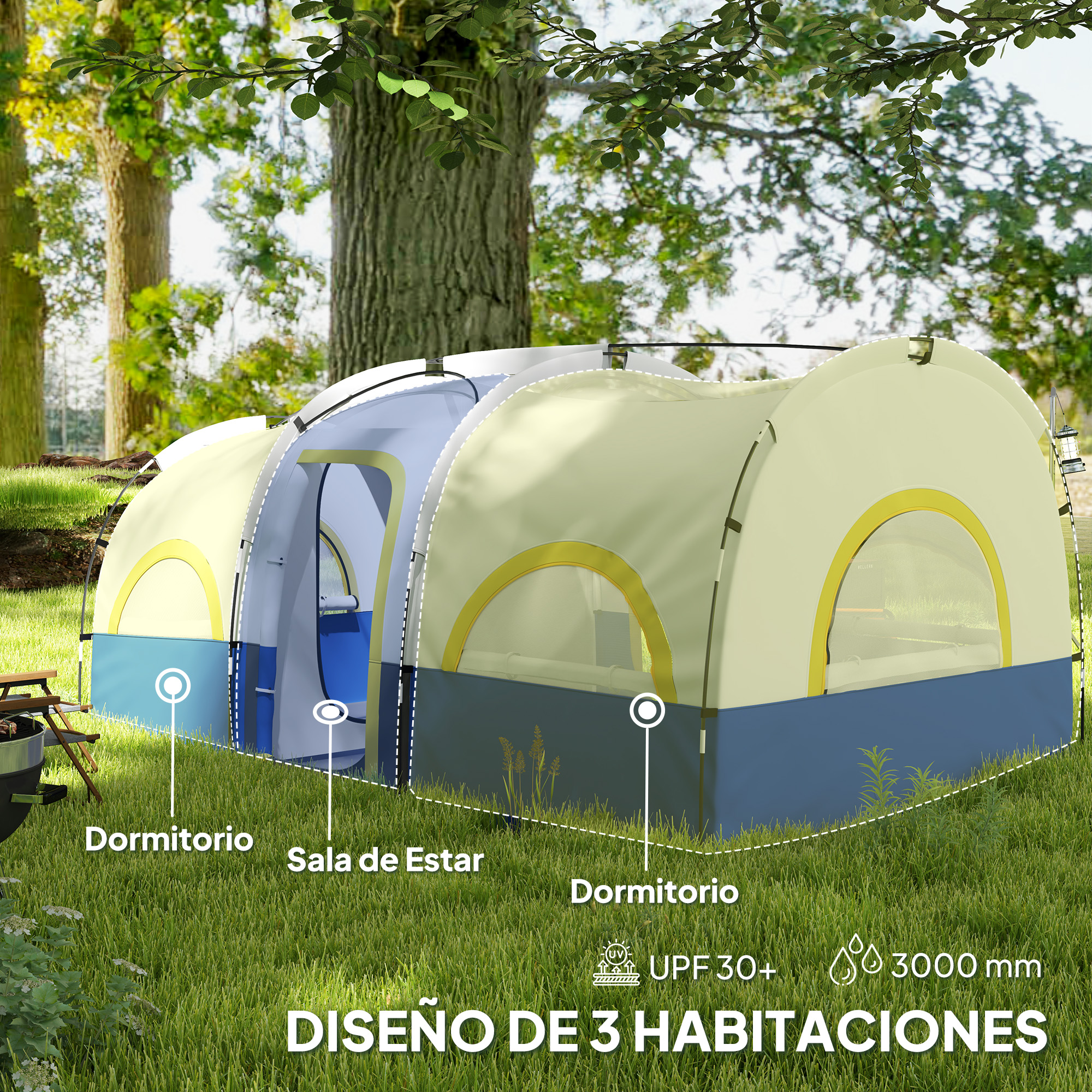 Una gran carpa de 3 habitaciones sobre hierba. Texto: Diseño de 3 habitaciones.