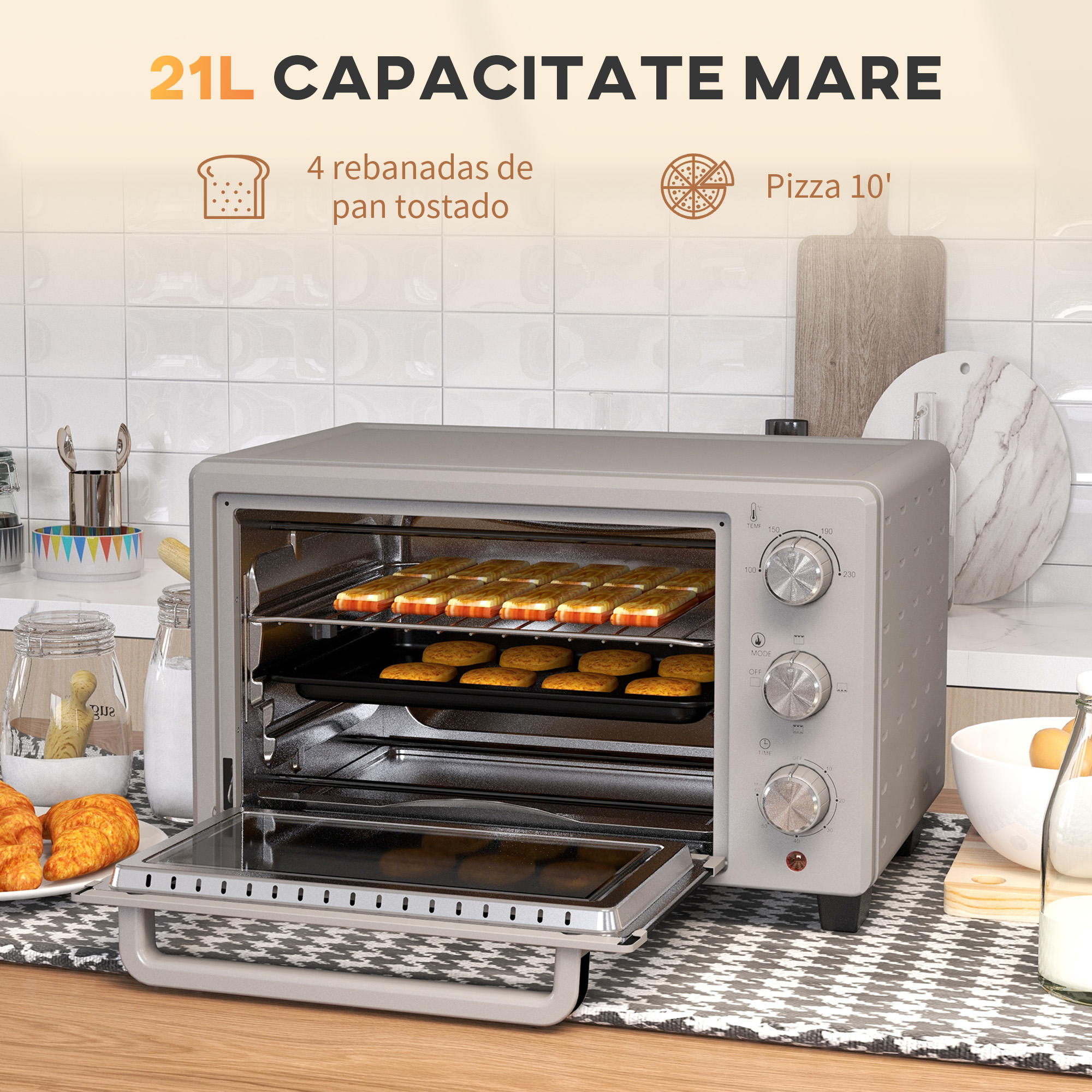 Un horno gris abierto con galletas dentro. Gráficos muestran 4 rebanadas de pan tostado y pizza.
