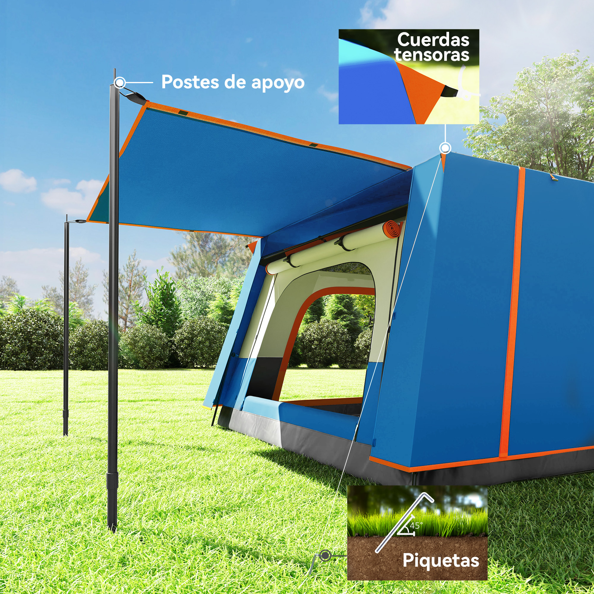 Una tienda azul con postes de soporte. La tienda tiene postes de soporte y vientos en la imagen.