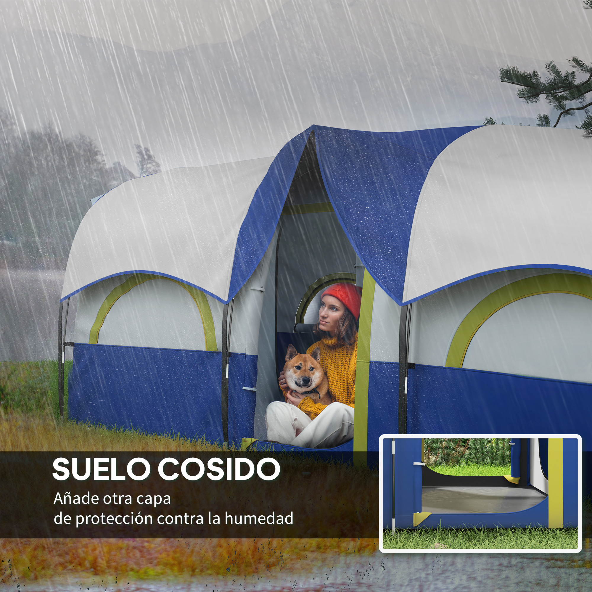 Una mujer en una tienda de campaña con un perro. Está lloviendo. La tienda es azul y blanca.