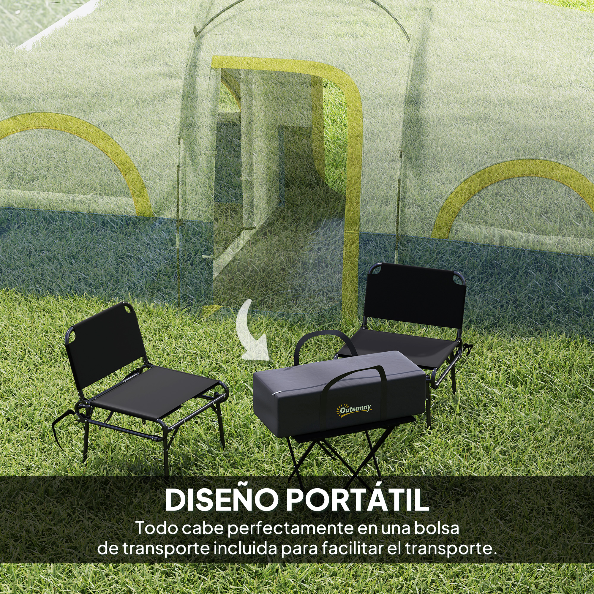 Sillas de camping portátiles y una bolsa en la hierba. Una tienda de campaña está al fondo.