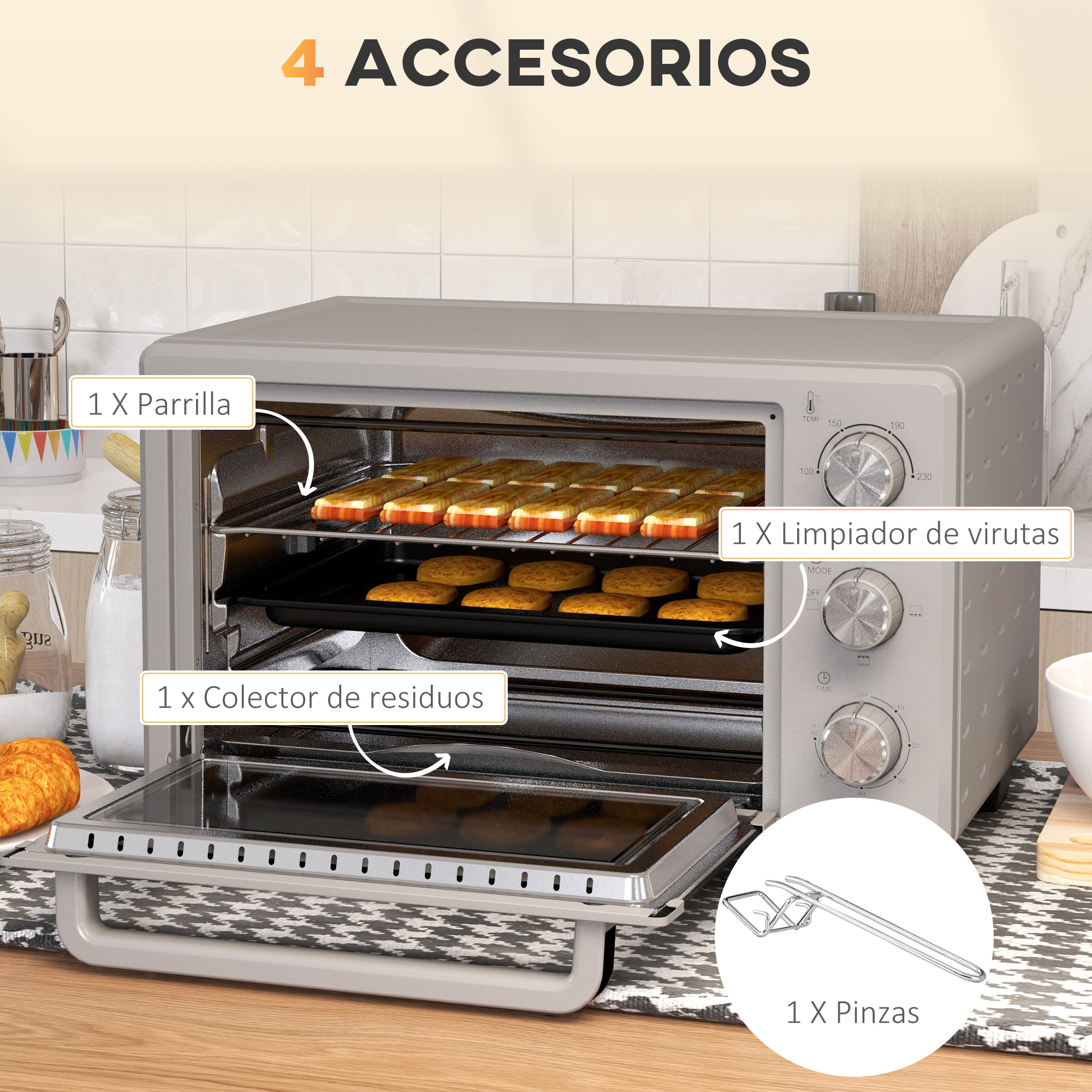 Un horno con accesorios. Los accesorios incluyen una bandeja, herramienta de limpieza y pinzas. También hay galletas.