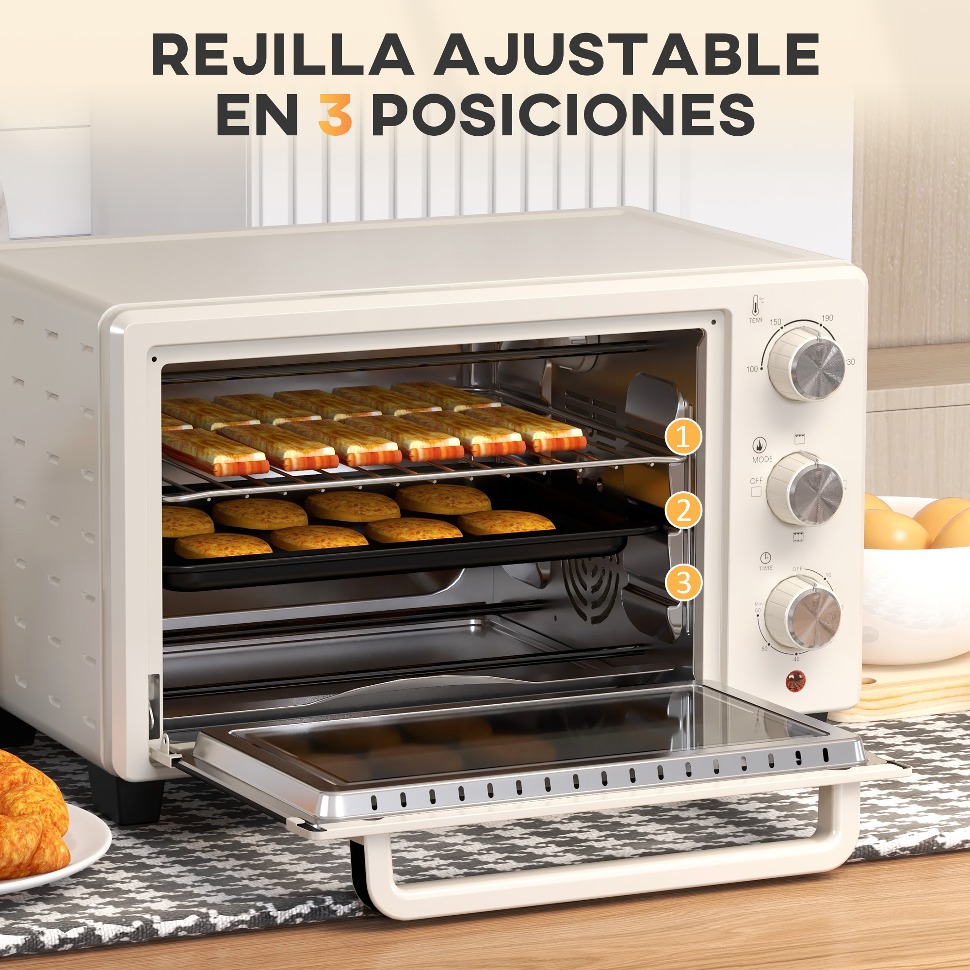 Un horno crema con galletas dentro. El horno tiene tres posiciones ajustables para la rejilla.
