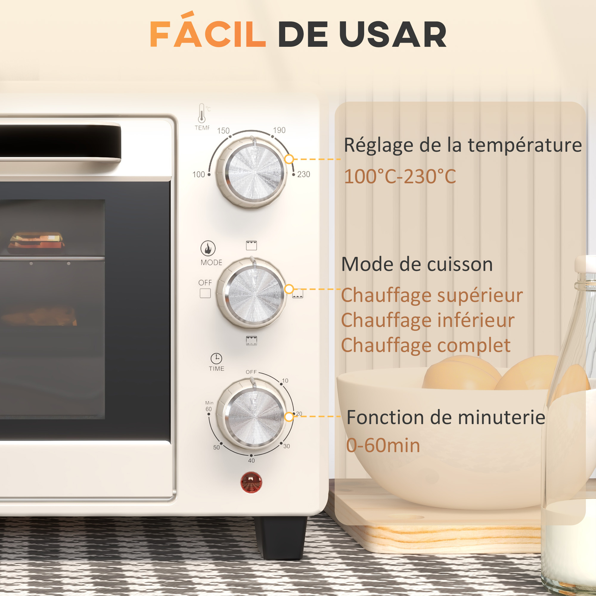 Horno con controles y texto. Perillas controlan temperatura, modo y tiempo.