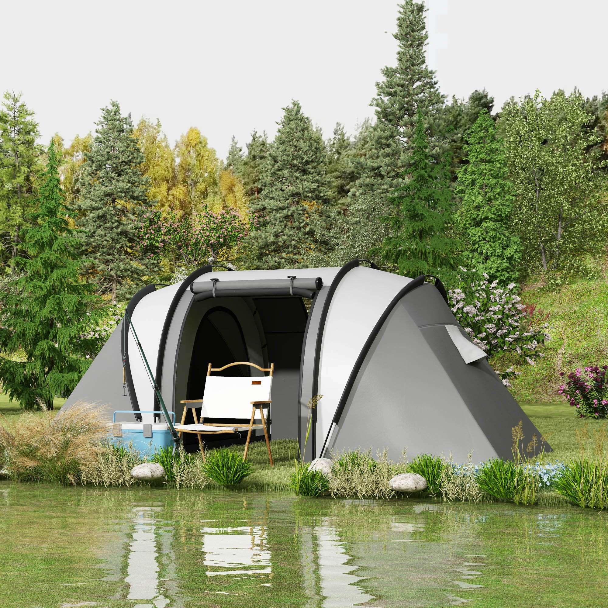Tienda de campaña gris y blanca junto a un lago, con silla y caña, bosque de fondo.
