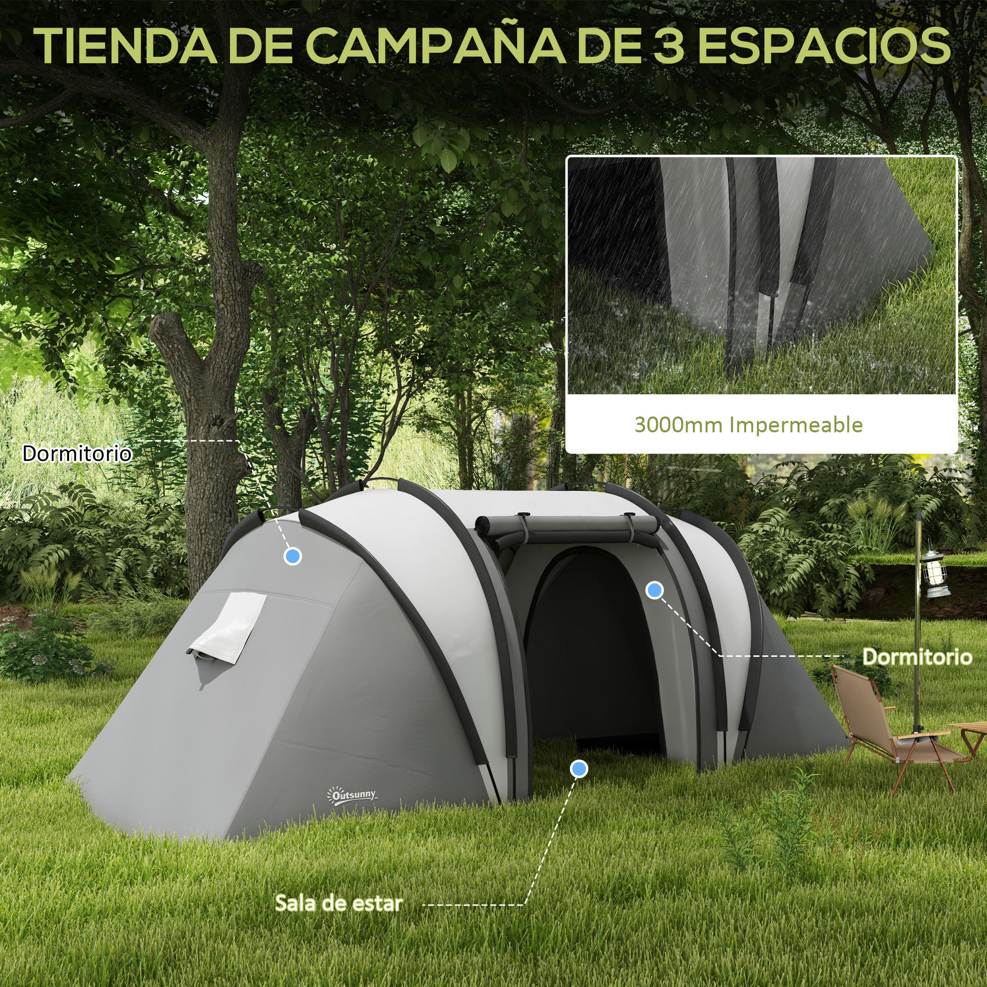 Tienda gris en zona de césped. Texto indica 3000mm impermeable, con sala de estar y dormitorios.