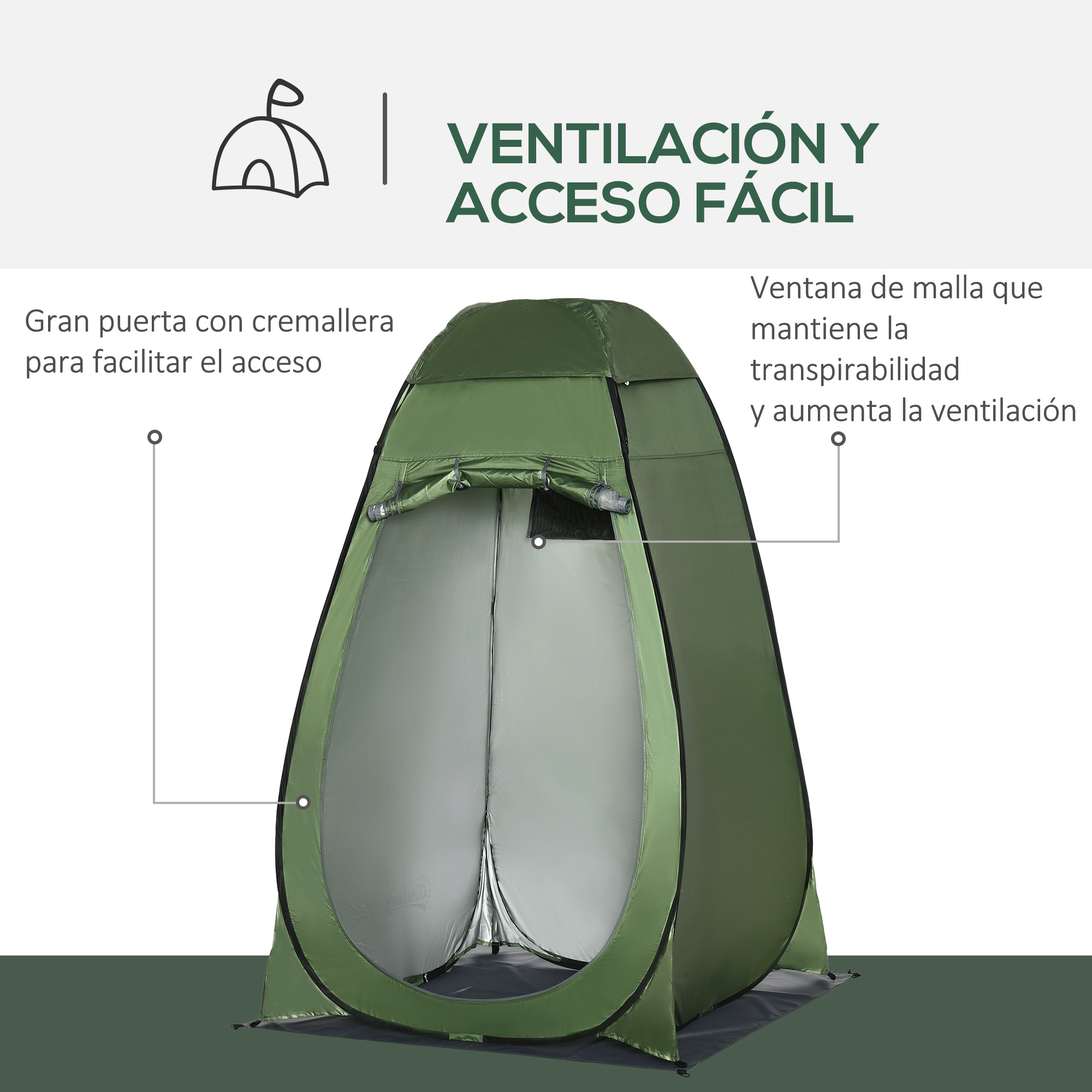 Tienda de ducha emergente verde con texto y diagrama mostrando características, ventilación y acceso fácil.