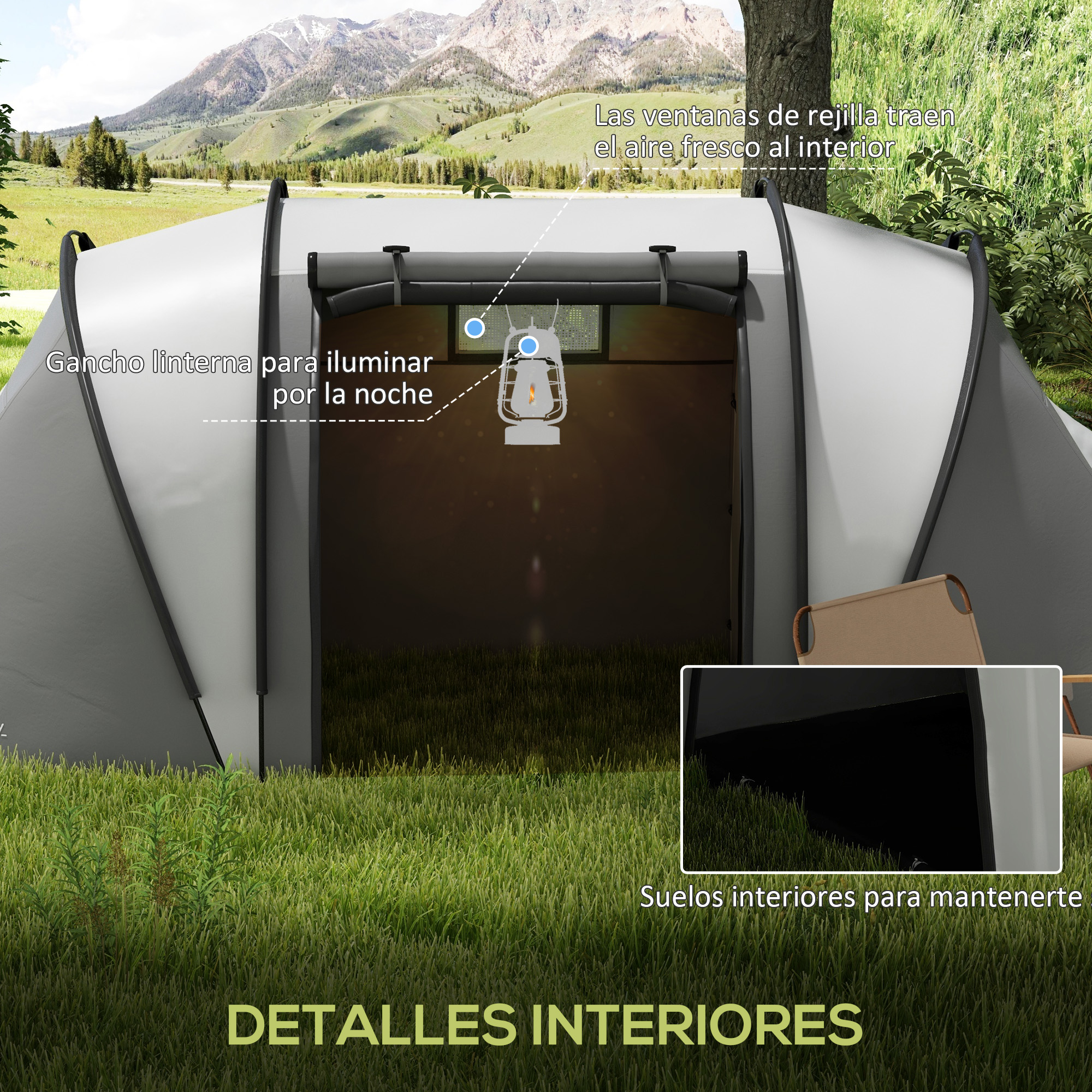 Una carpa blanca con detalles amarillos, base azul, hierba verde y árboles.