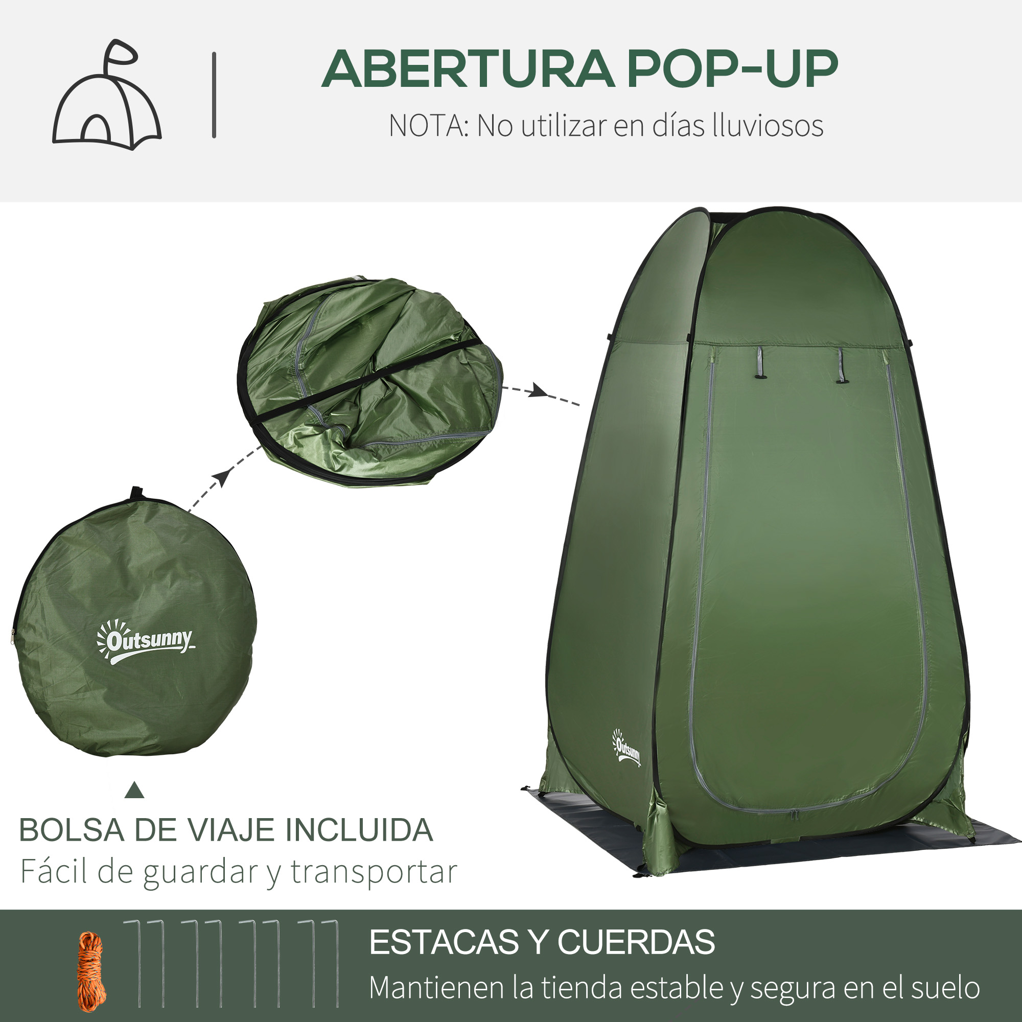 Tienda pop-up verde con bolsa de viaje y estacas, y un diagrama de cómo plegar la tienda.