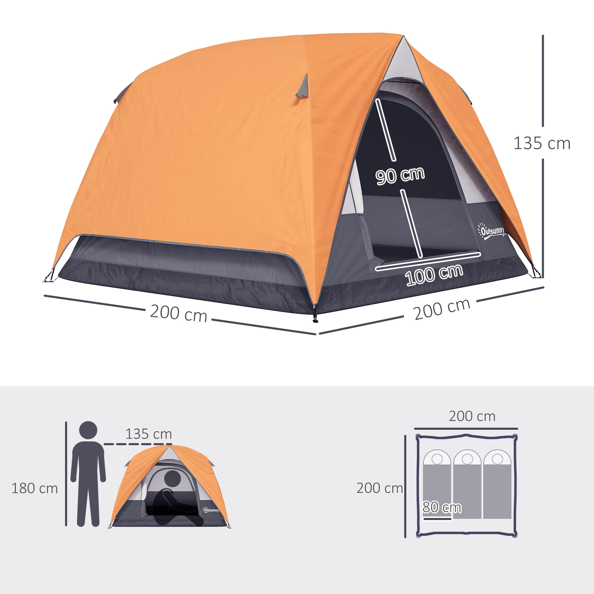 Tienda de campaña naranja con dimensiones, con diagrama de persona y tienda, y diagrama de huella.