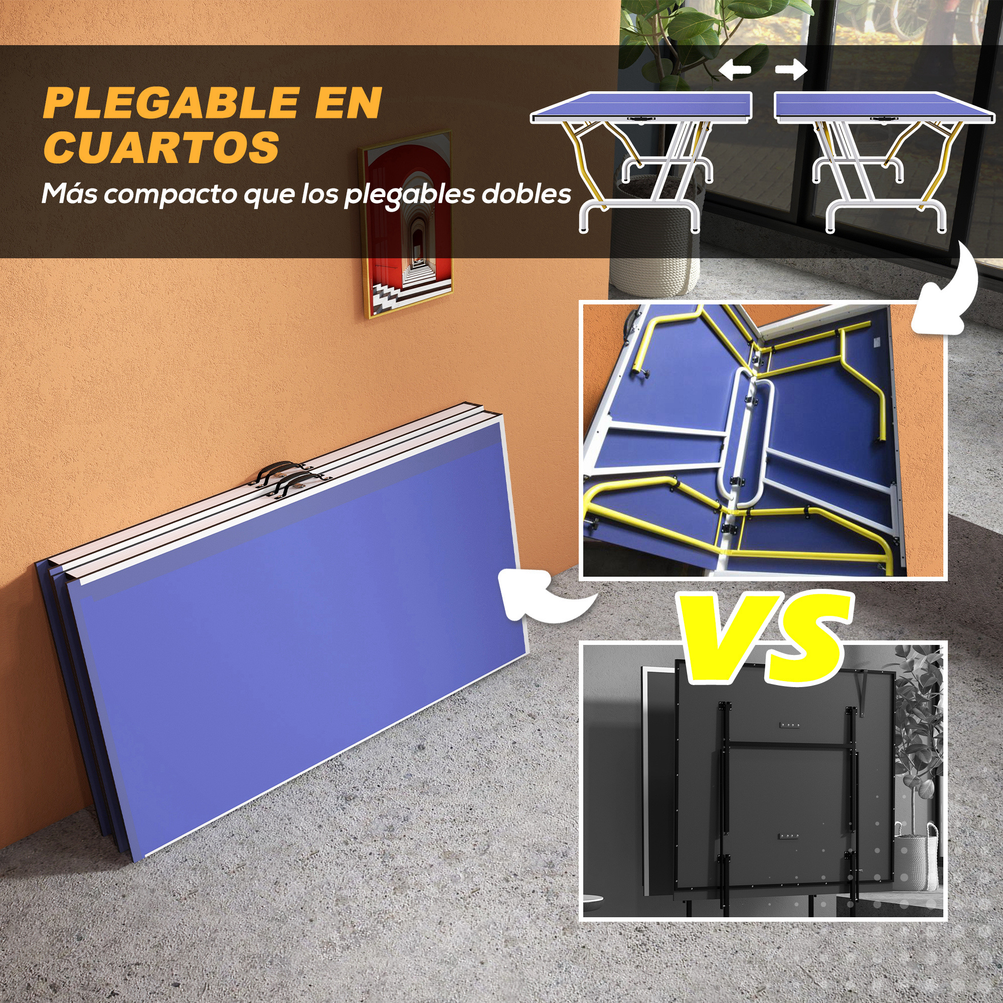 Mesa plegable azul, imágenes que muestran el proceso de plegado. Texto en español.