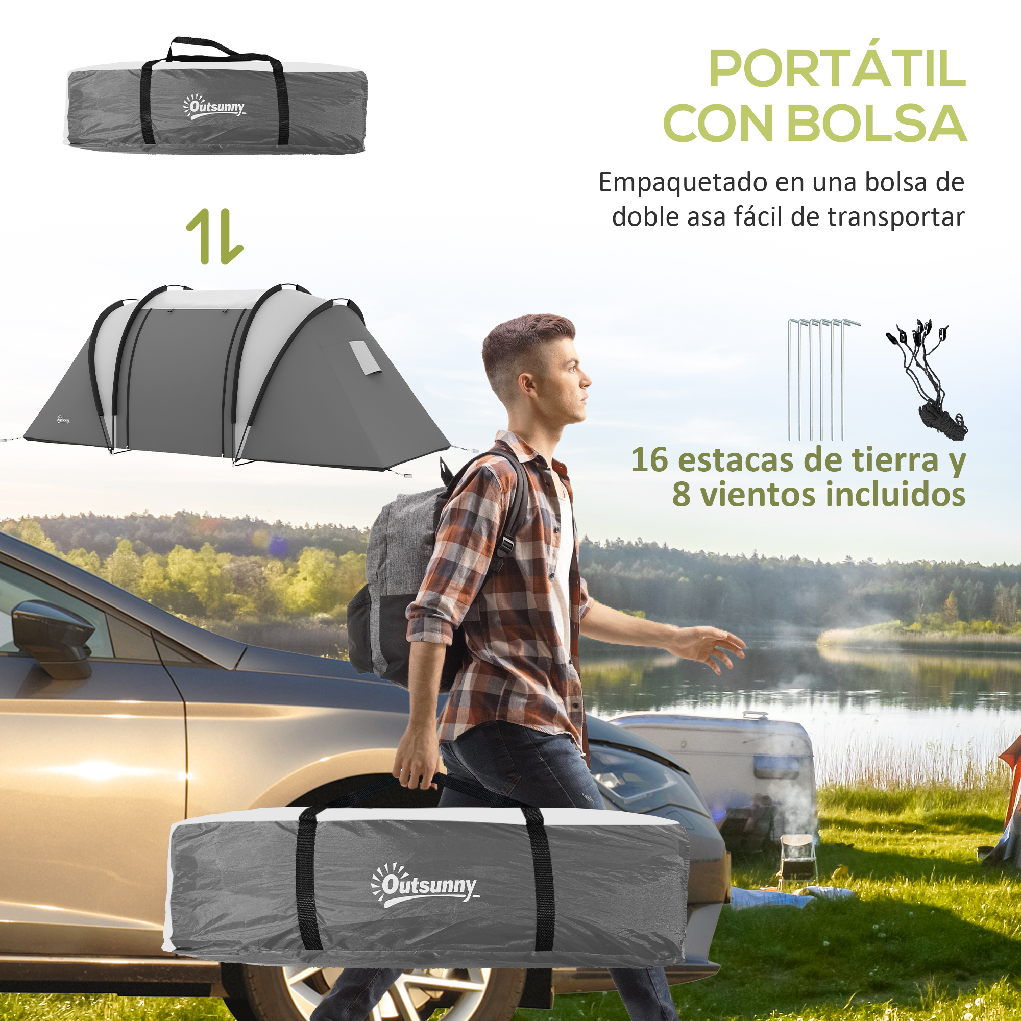 Hombre llevando una tienda gris en una bolsa cerca de un coche, con tienda plegada y estacas.