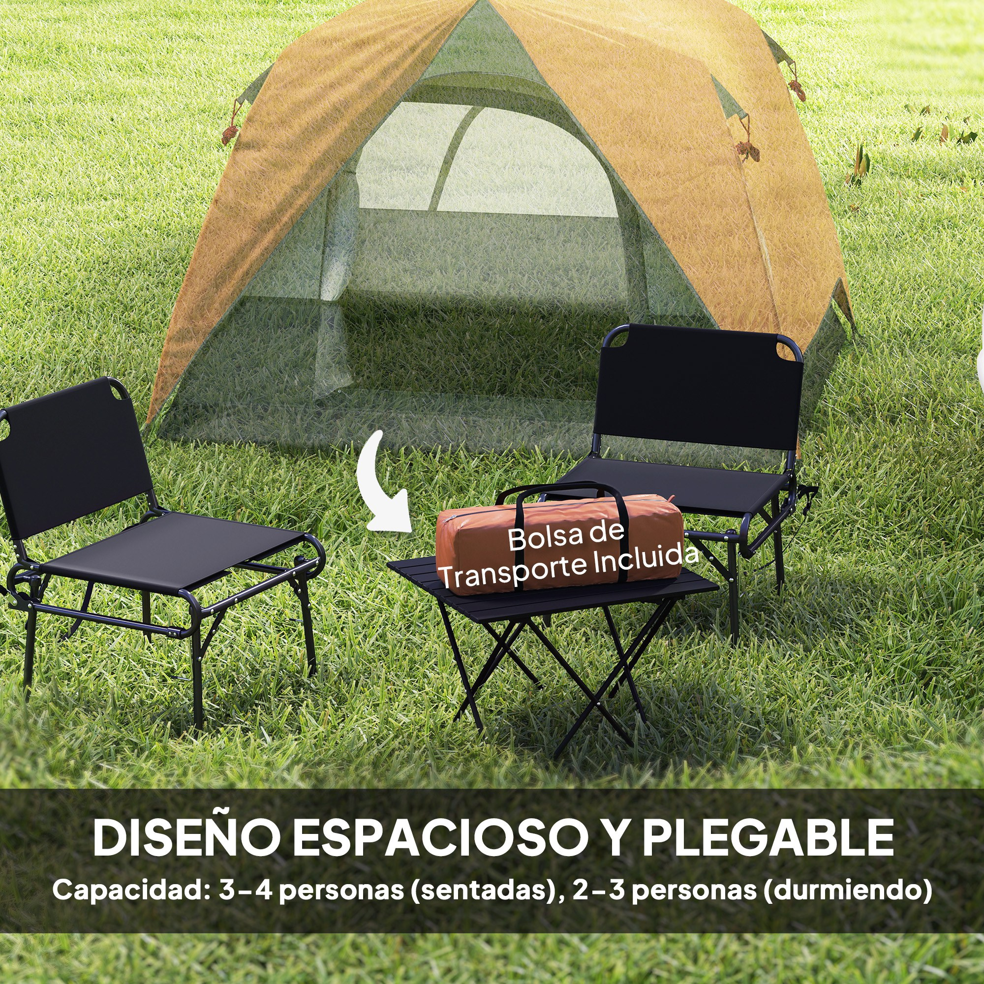 Escena de acampada con dos sillas negras, una mesa pequeña y una tienda naranja; texto: diseño plegable.