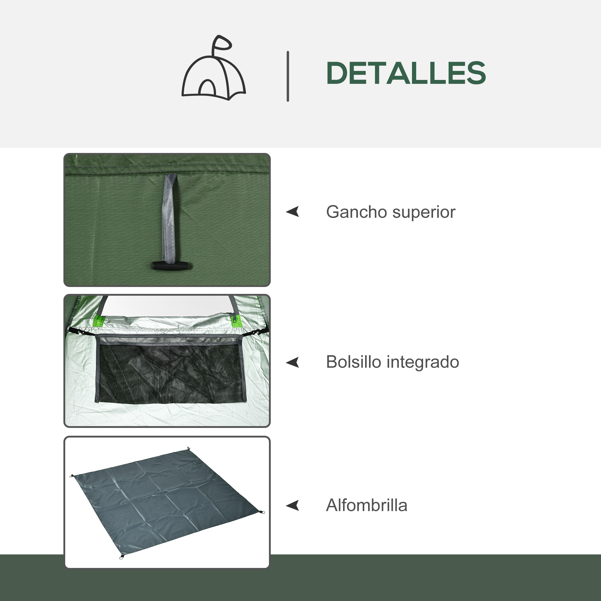 Detalles de una tienda verde, incluyendo un gancho superior, un bolsillo integrado y una alfombra.