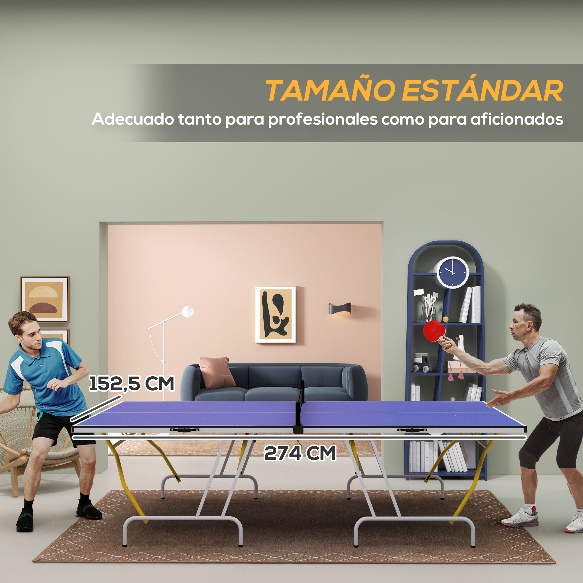Dos hombres jugando al ping pong, con mesa, red, paletas y pelota, con información de dimensiones.