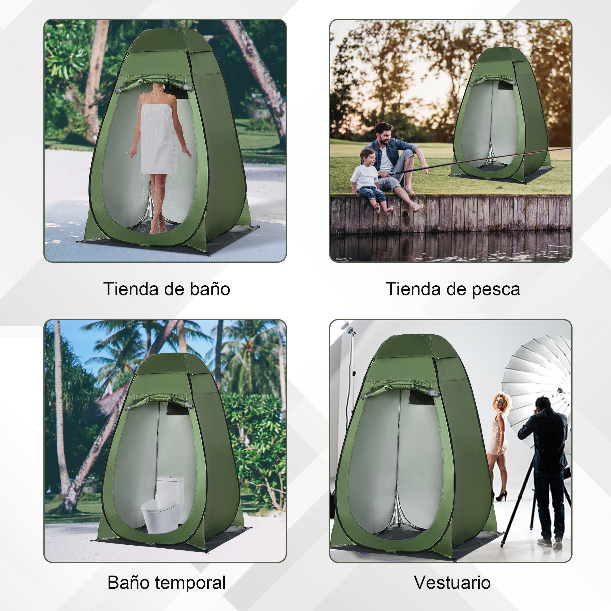 Cuatro imágenes: tienda de ducha, tienda de pesca, baño temporal y vestidor, todas tiendas verdes.