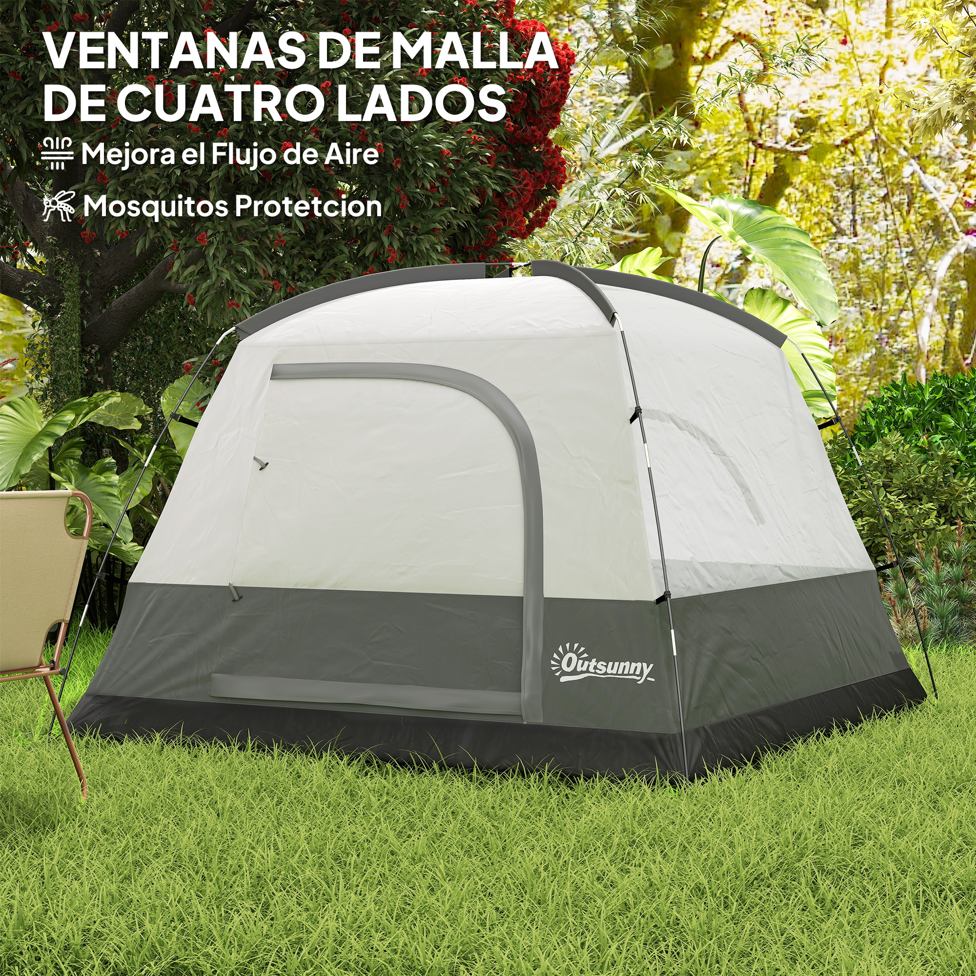 Tienda blanca y gris sobre hierba. Texto en español. Arbustos y árboles verdes al fondo.