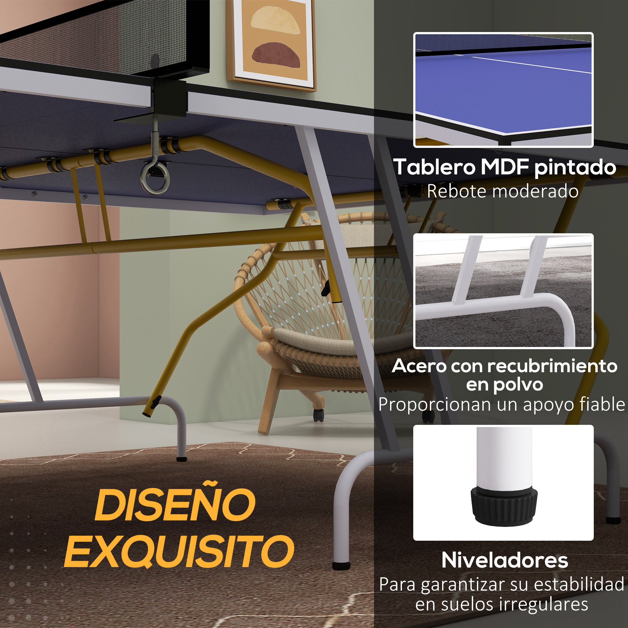 Primer plano de las características de una mesa de ping pong, incluyendo la superficie y las patas ajustables.