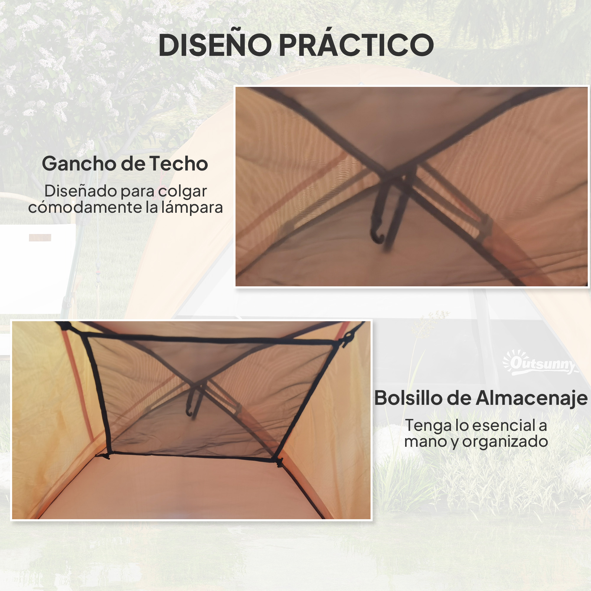 Vista interior de una tienda con bolsillo de almacenamiento y gancho de techo, con texto sobre diseño práctico.