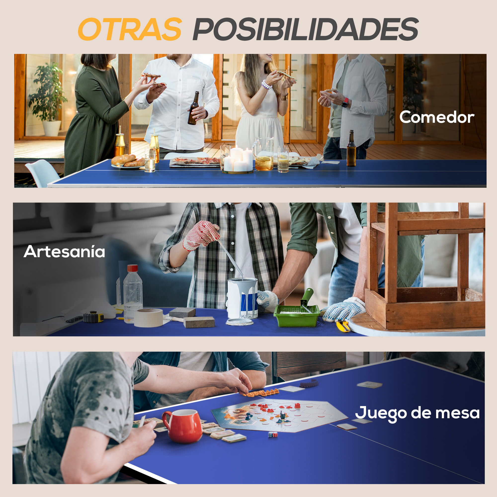 Mesa con diversas actividades: comer, manualidades y juegos de mesa. Texto en español.