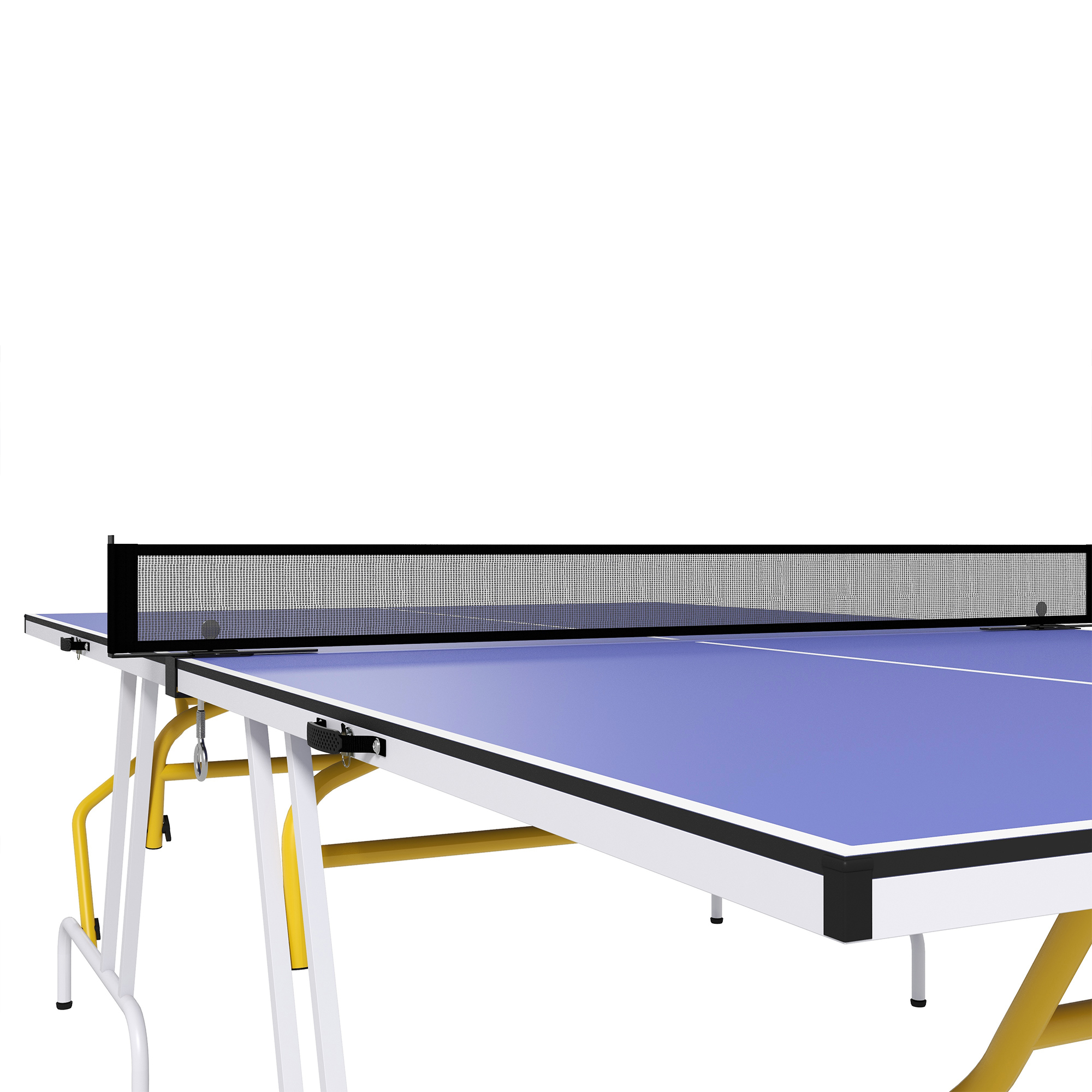 Mesa de ping pong con red y bolas negras. Mesa azul con patas blancas y amarillas.
