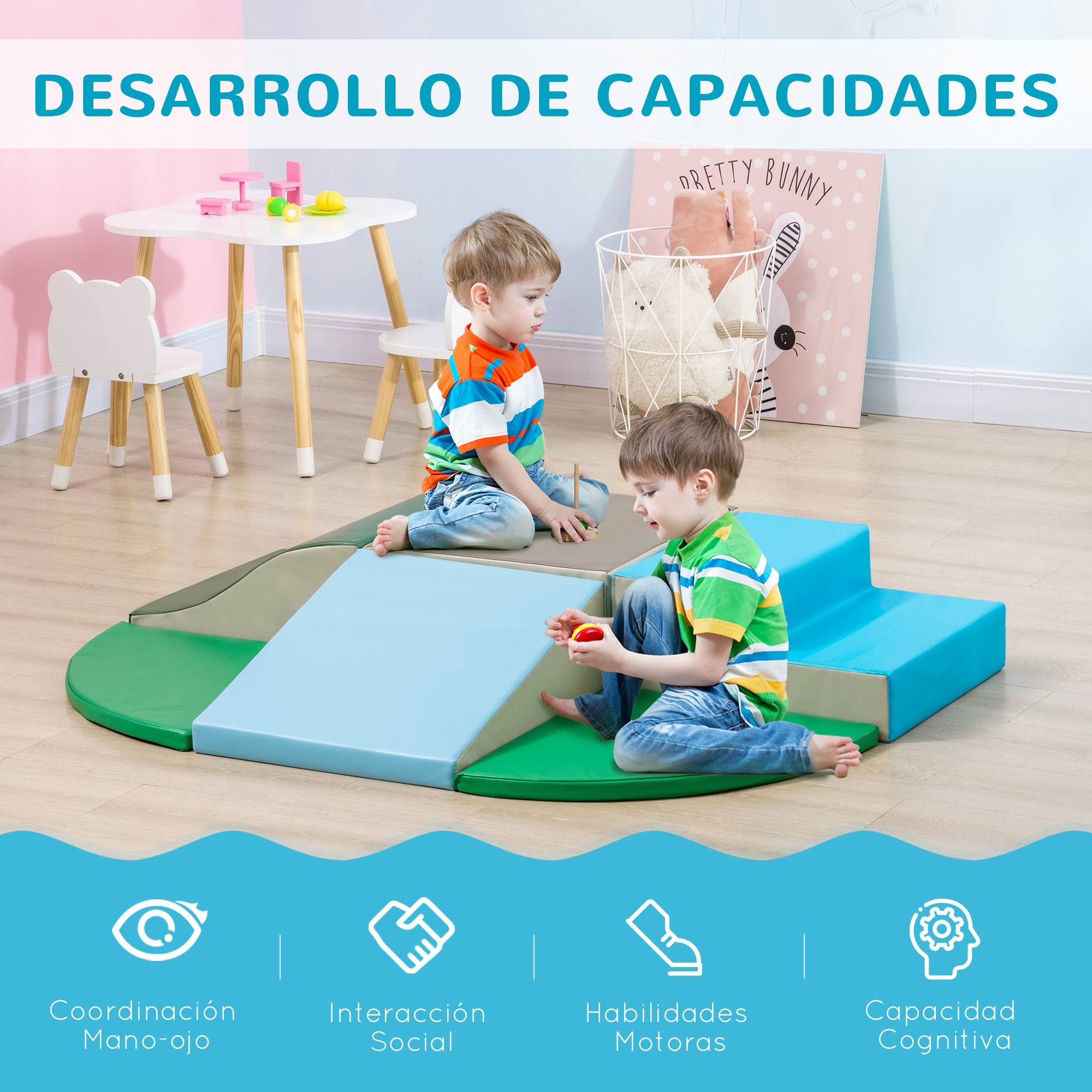 Dos niños jugando con bloques blandos de colores. Texto arriba e iconos abajo.