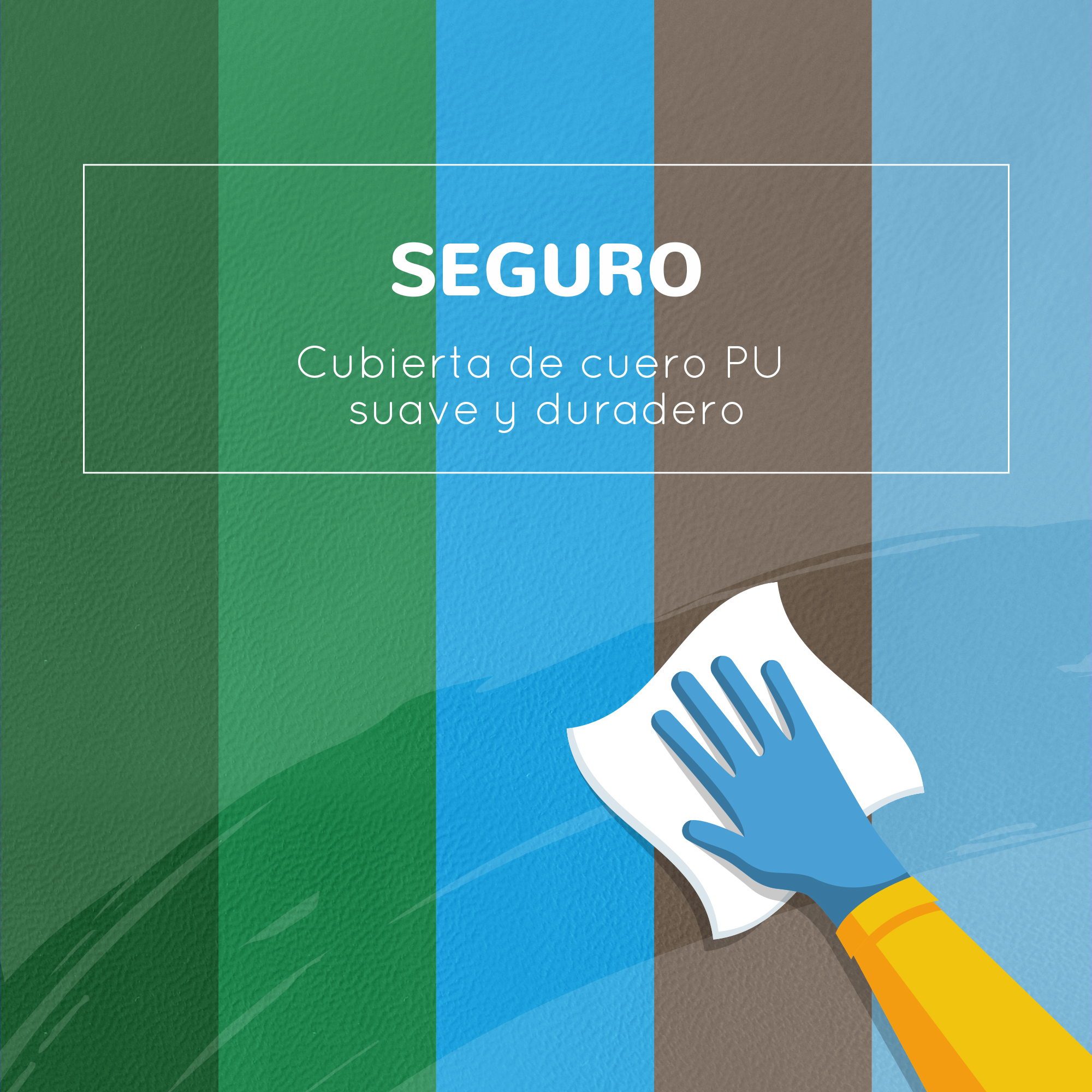 Mano con guante azul limpiando una superficie con un paño blanco. Texto en español.