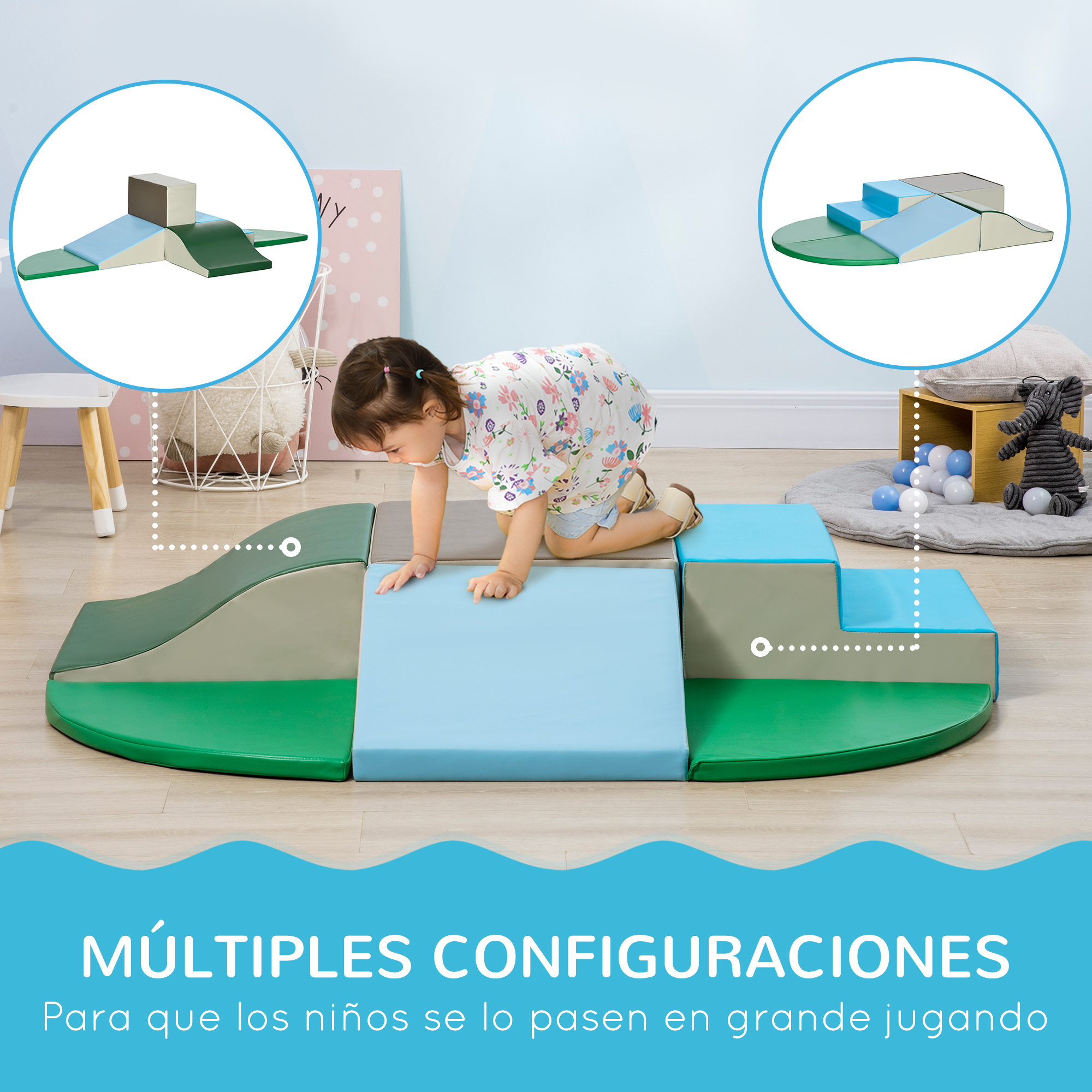 Niña jugando con bloques blandos de colores. Texto en español. Diagramas de los bloques.