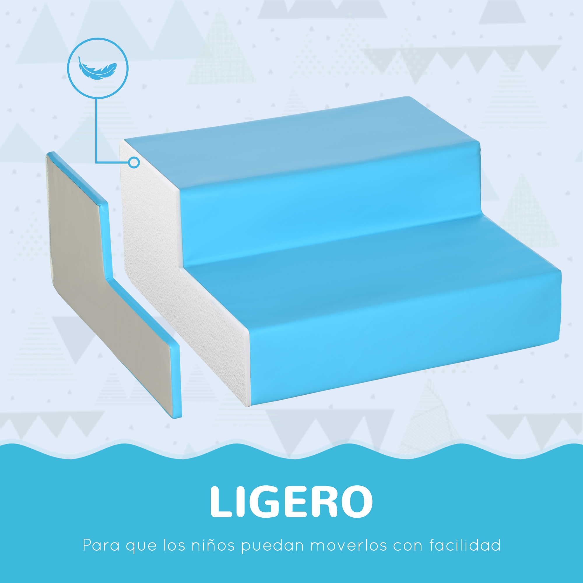 Se muestra un taburete azul de dos escalones con una vista explosionada que revela una espuma interior blanca.