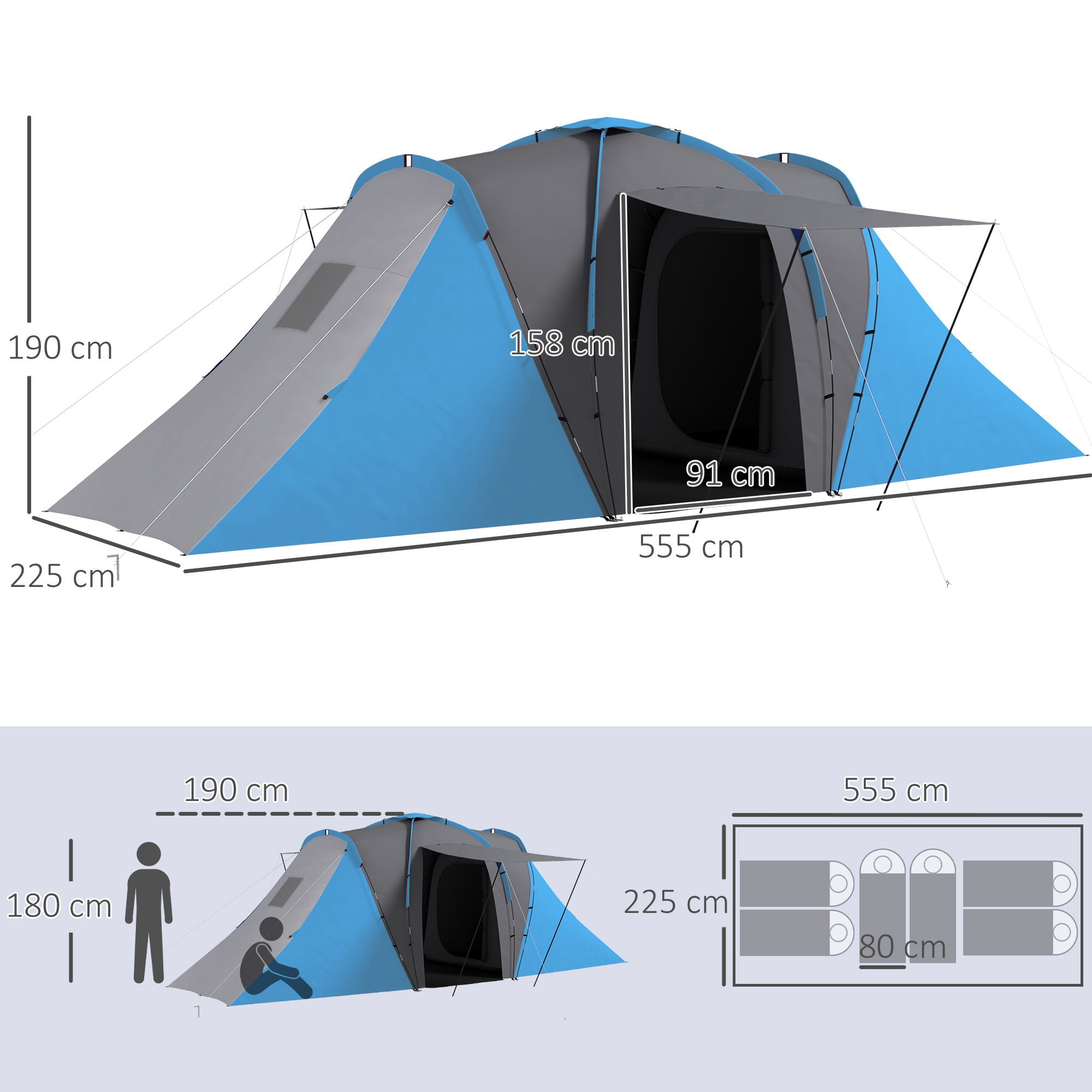Un diagrama muestra las dimensiones de una tienda azul y gris, con una figura para la escala.