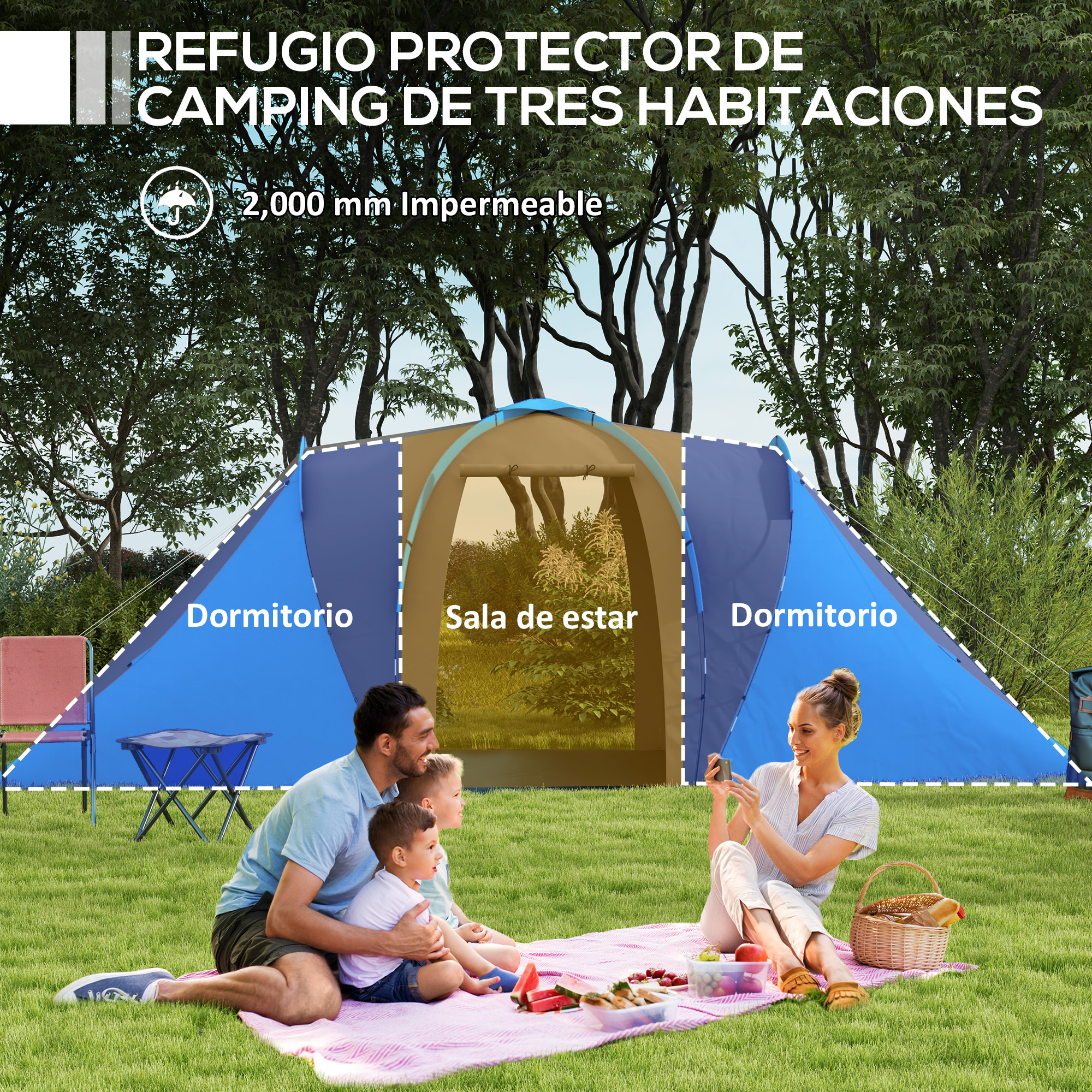 Una familia se sienta en una manta de picnic frente a una tienda de campaña azul y tostada de tres habitaciones.