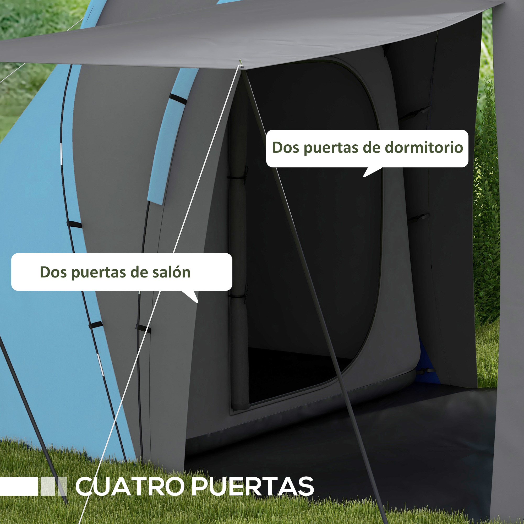 Primer plano de una tienda con cuatro puertas. Etiquetas de texto en español señalan las puertas.